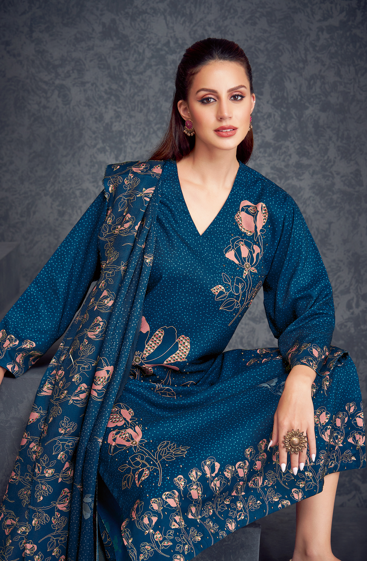 Spun Teal Blue Unstitched Salwar Kameez - ROS628