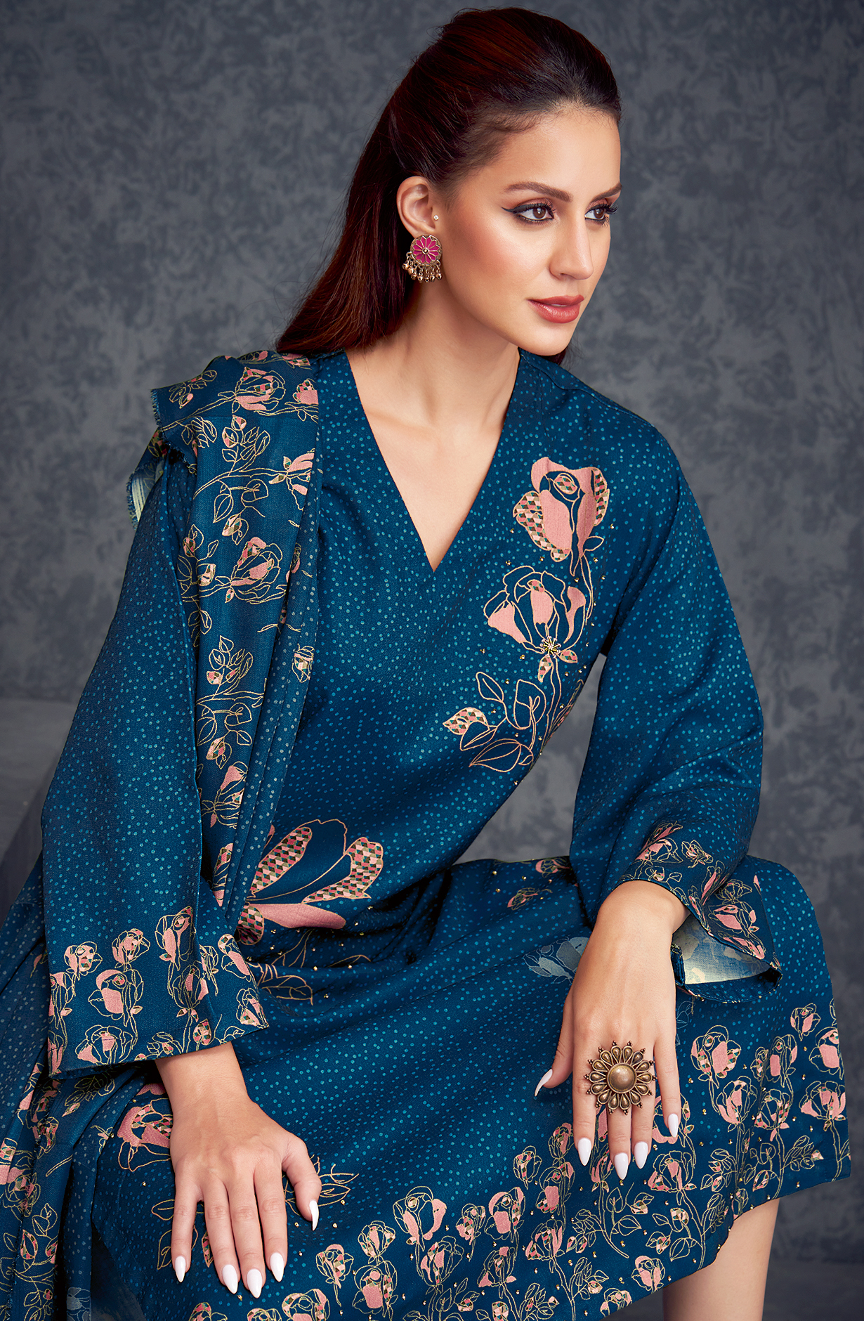 Spun Teal Blue Unstitched Salwar Kameez - ROS628