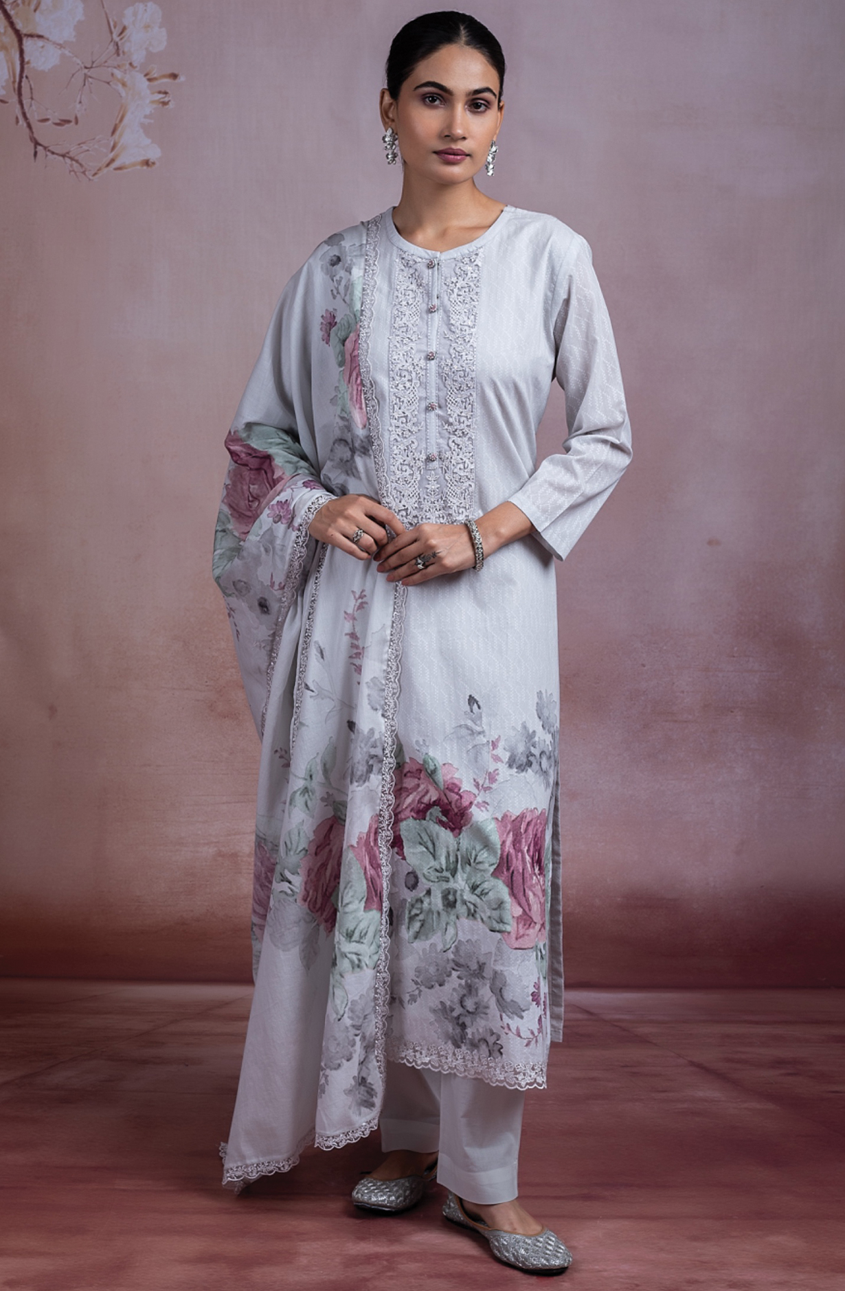 Grey Digital Printed Cotton Dobby Suit with Dupatta  -ROZ501B