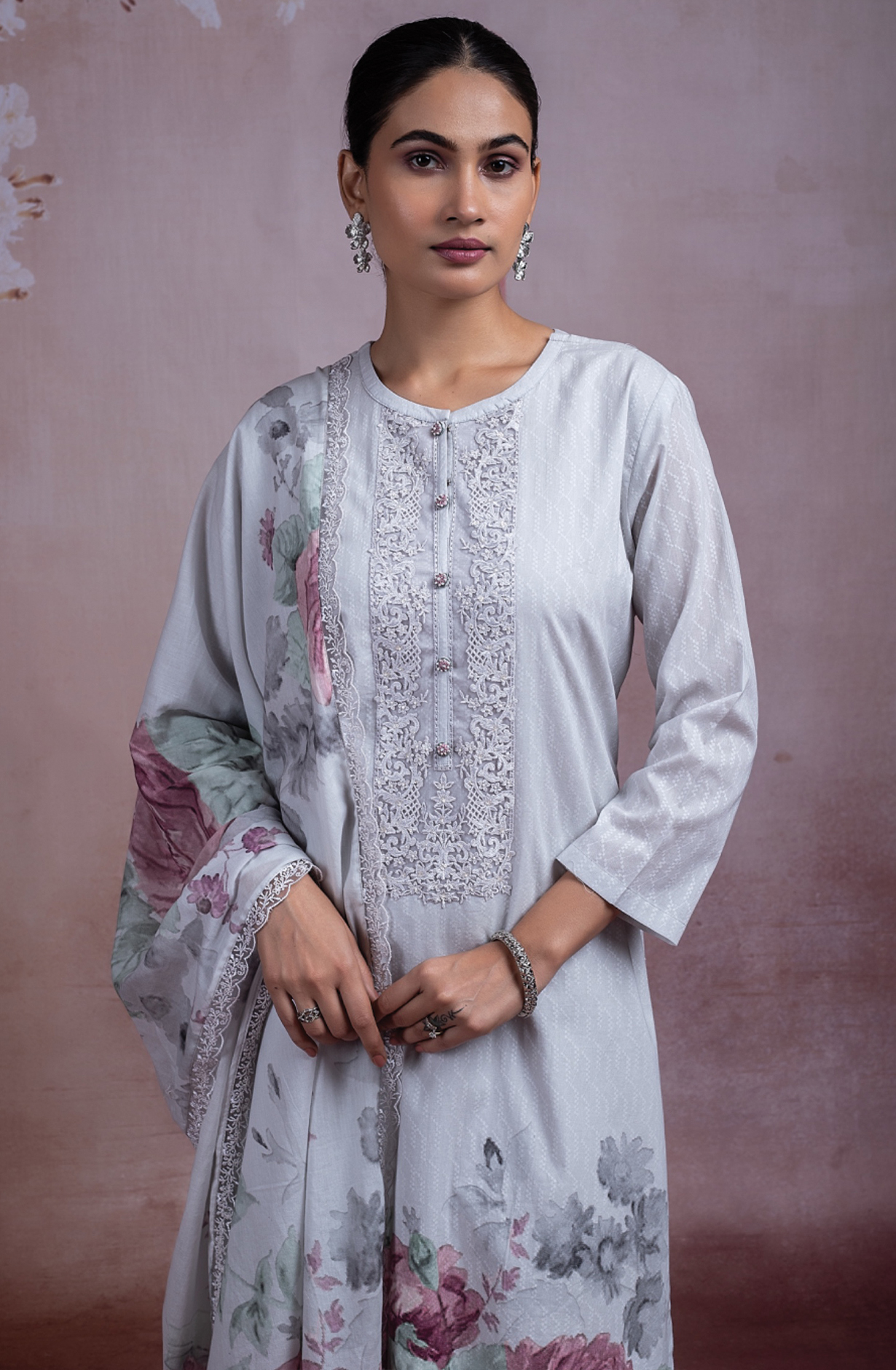 Grey Digital Printed Cotton Dobby Suit with Dupatta -ROZ501B