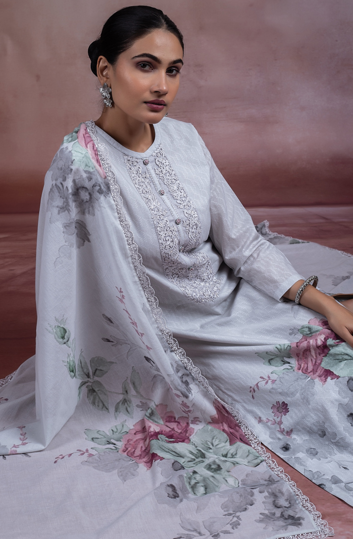 Grey Digital Printed Cotton Dobby Suit with Dupatta  -ROZ501B