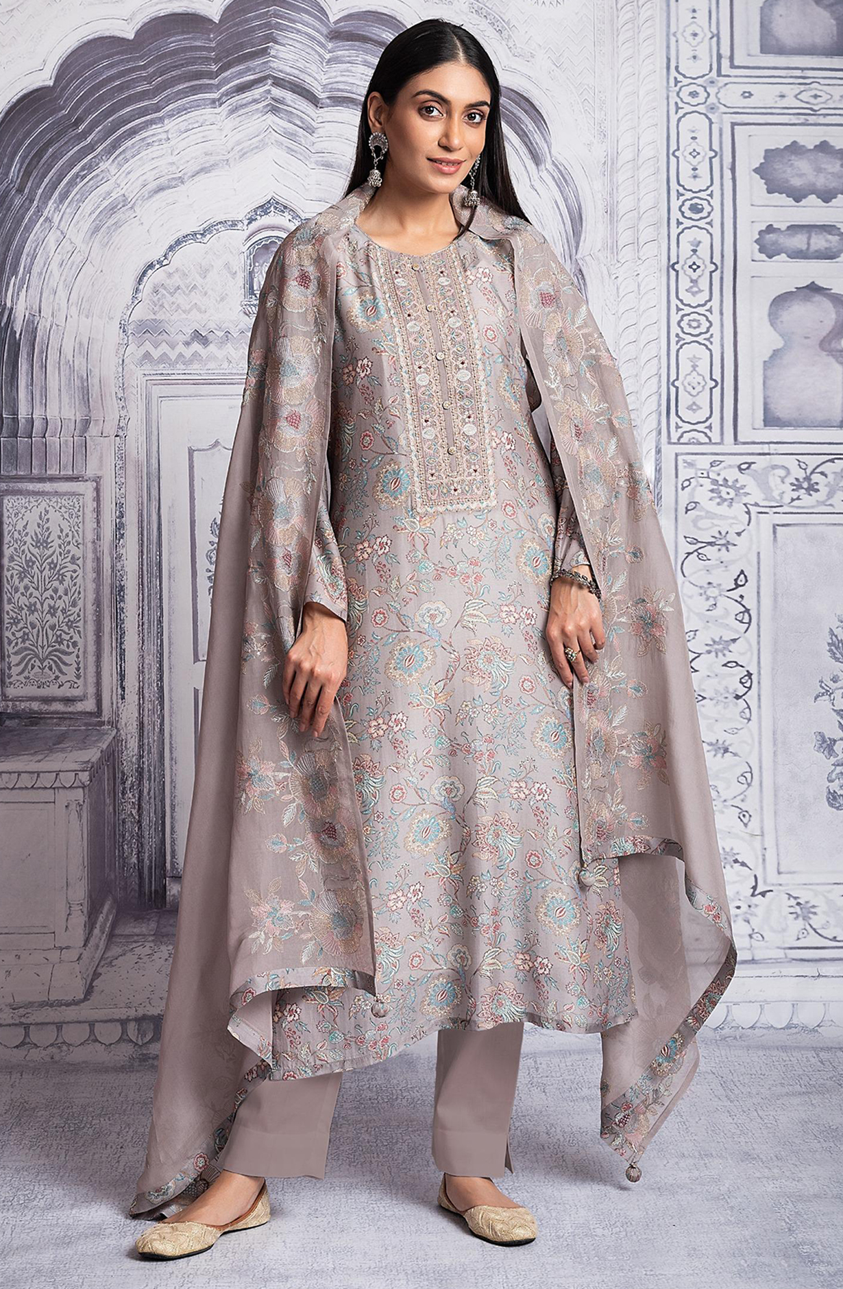 Grey Muslin Printed with Embroidered Unstitched Salwar Kameez - R157-SPR1980