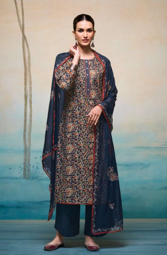 Image of Blue Premium cotton Unstitched Suit Set with Beautiful Dupatta - RUBS4581B