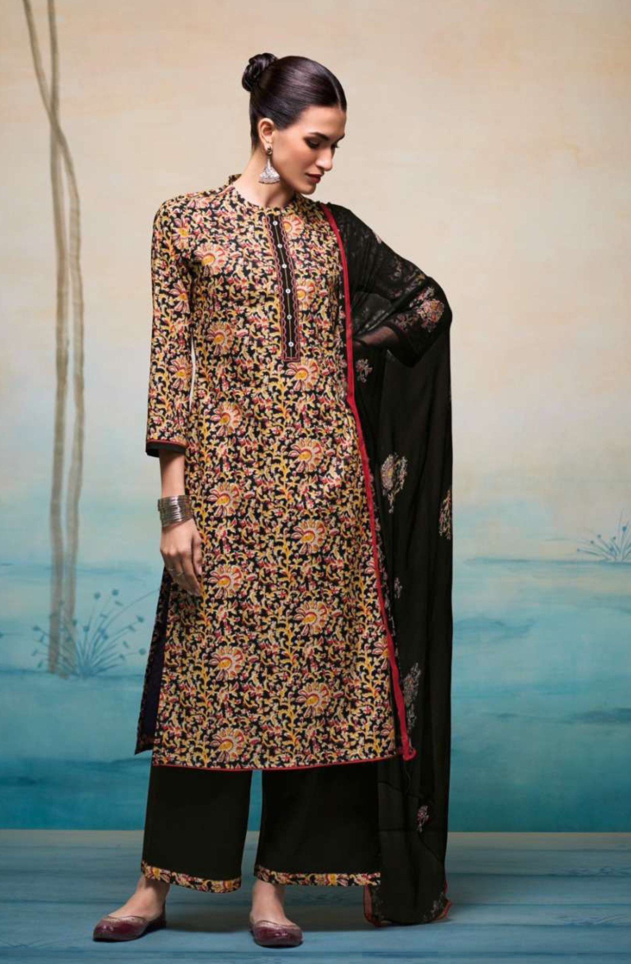 Black Premium cotton Unstitched Suit Set with Beautiful Dupatta - RUBS4581D