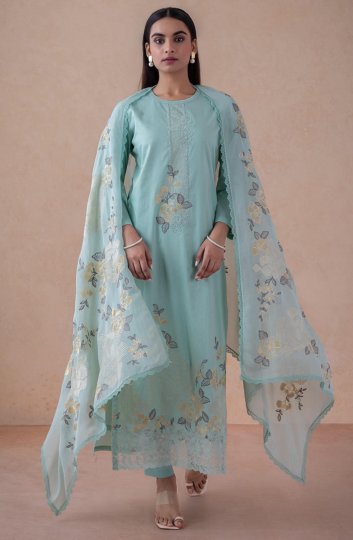 Firozi Italian Cotton Embroidered Suit with Dupatta - RUD2480B