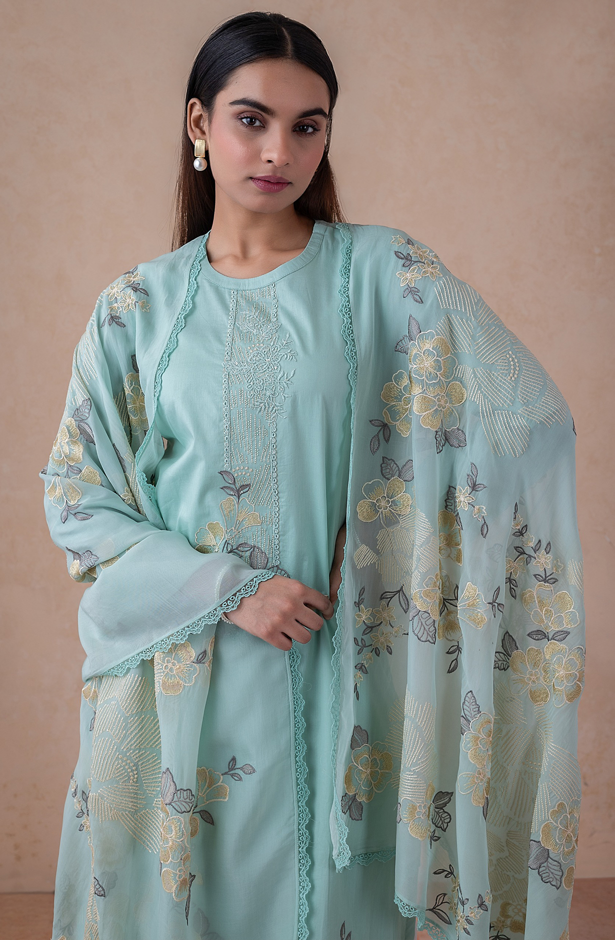 Firozi Italian Cotton Embroidered Suit with Dupatta - RUD2480B