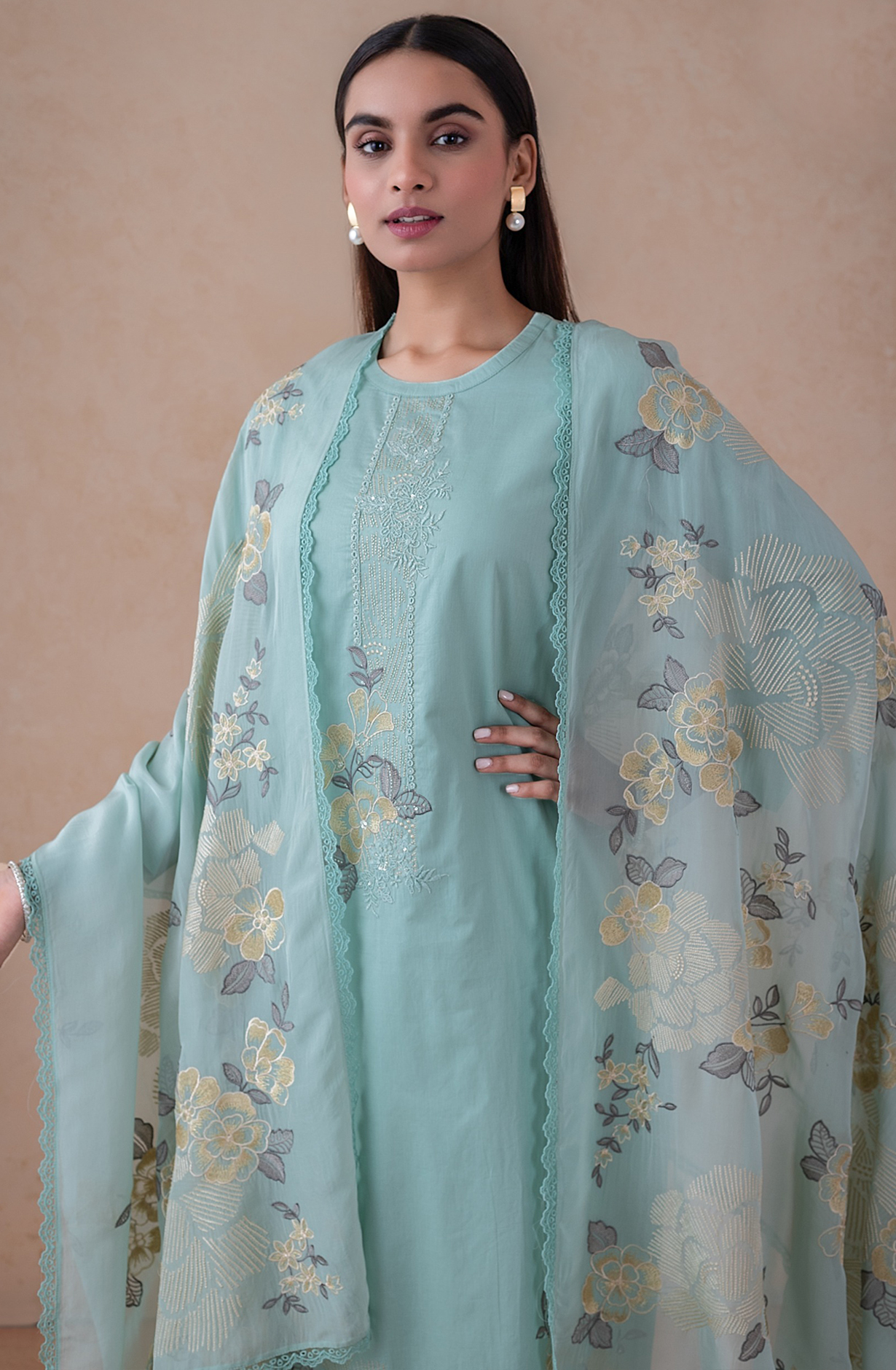 Firozi Italian Cotton Embroidered Suit with Dupatta - RUD2480B