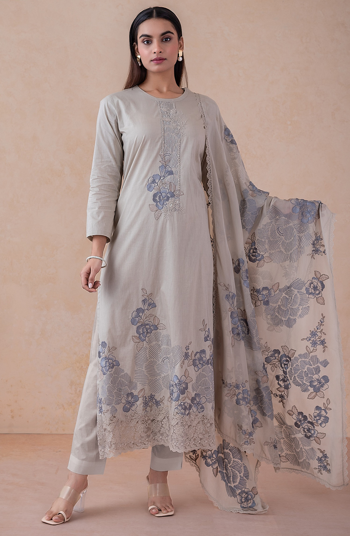 Grey Italian Cotton Embroidered Suit with Dupatta - RUD2480C