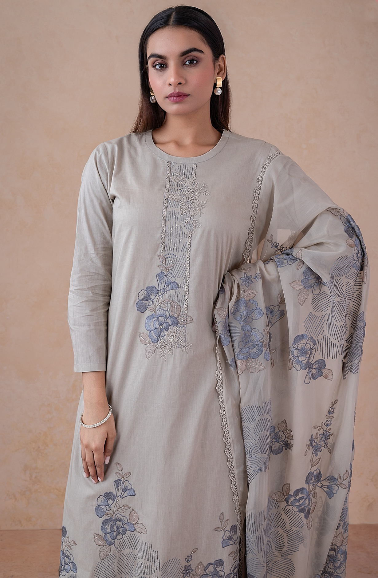 Grey Italian Cotton Embroidered Suit with Dupatta - RUD2480C