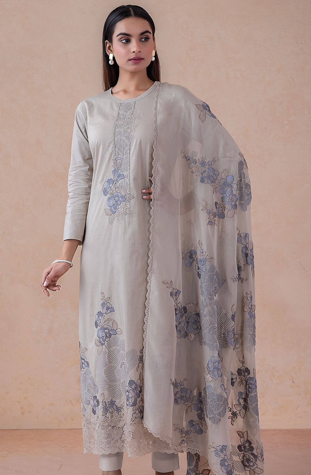 Grey Italian Cotton Embroidered Suit with Dupatta - RUD2480C