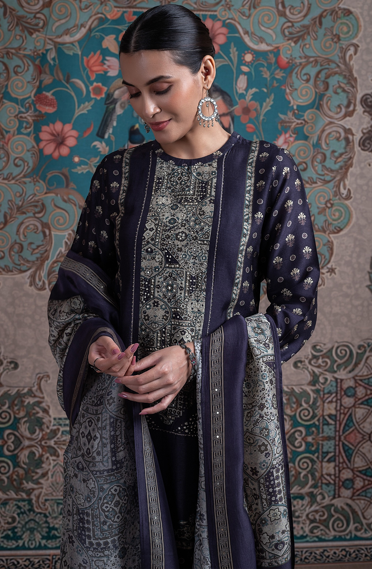 Blue Silk Digital Printed Suit Set with Silk Dupatta - RUHST2022A