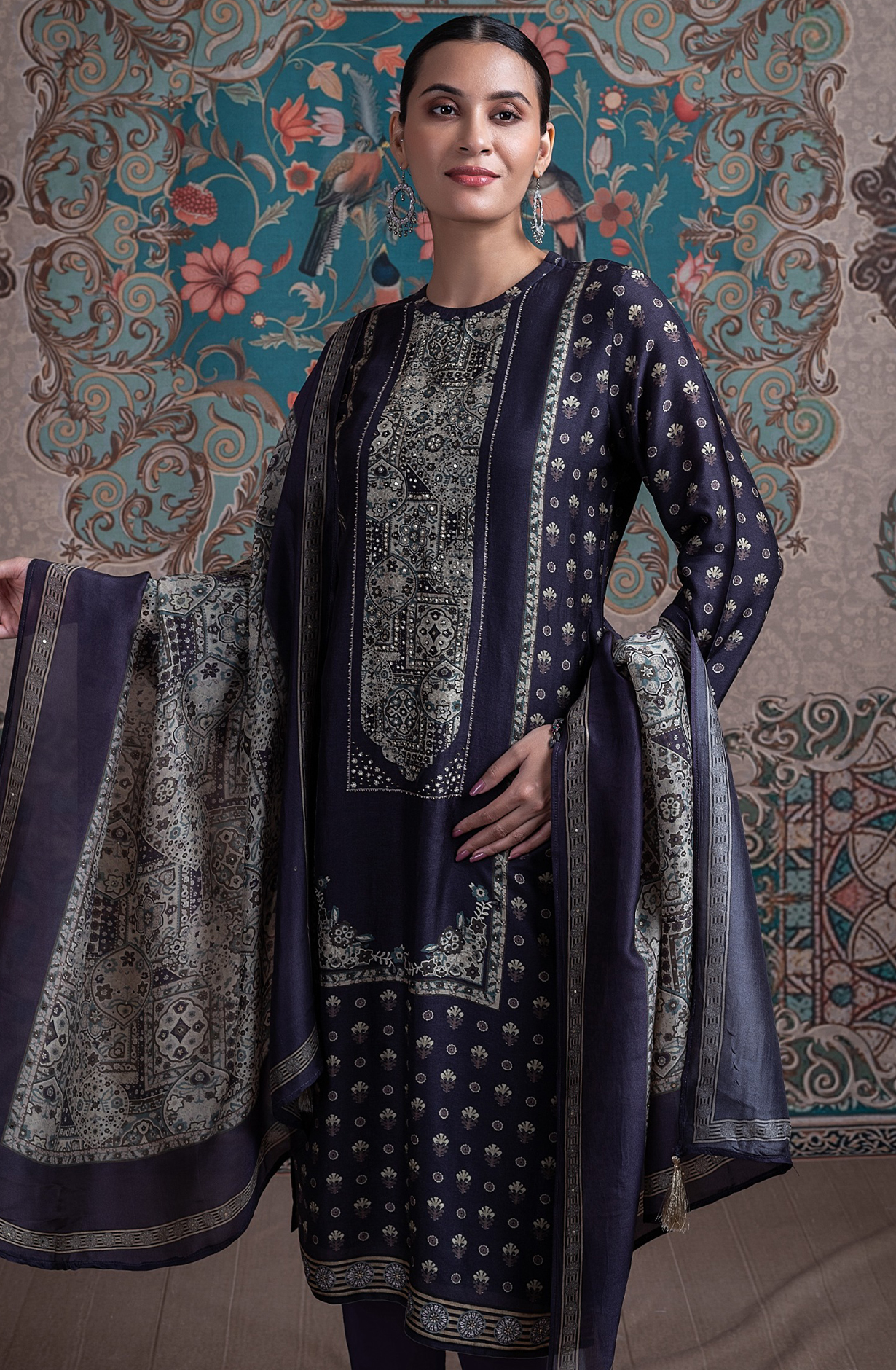 Blue Silk Digital Printed Suit Set with Silk Dupatta - RUHST2022A