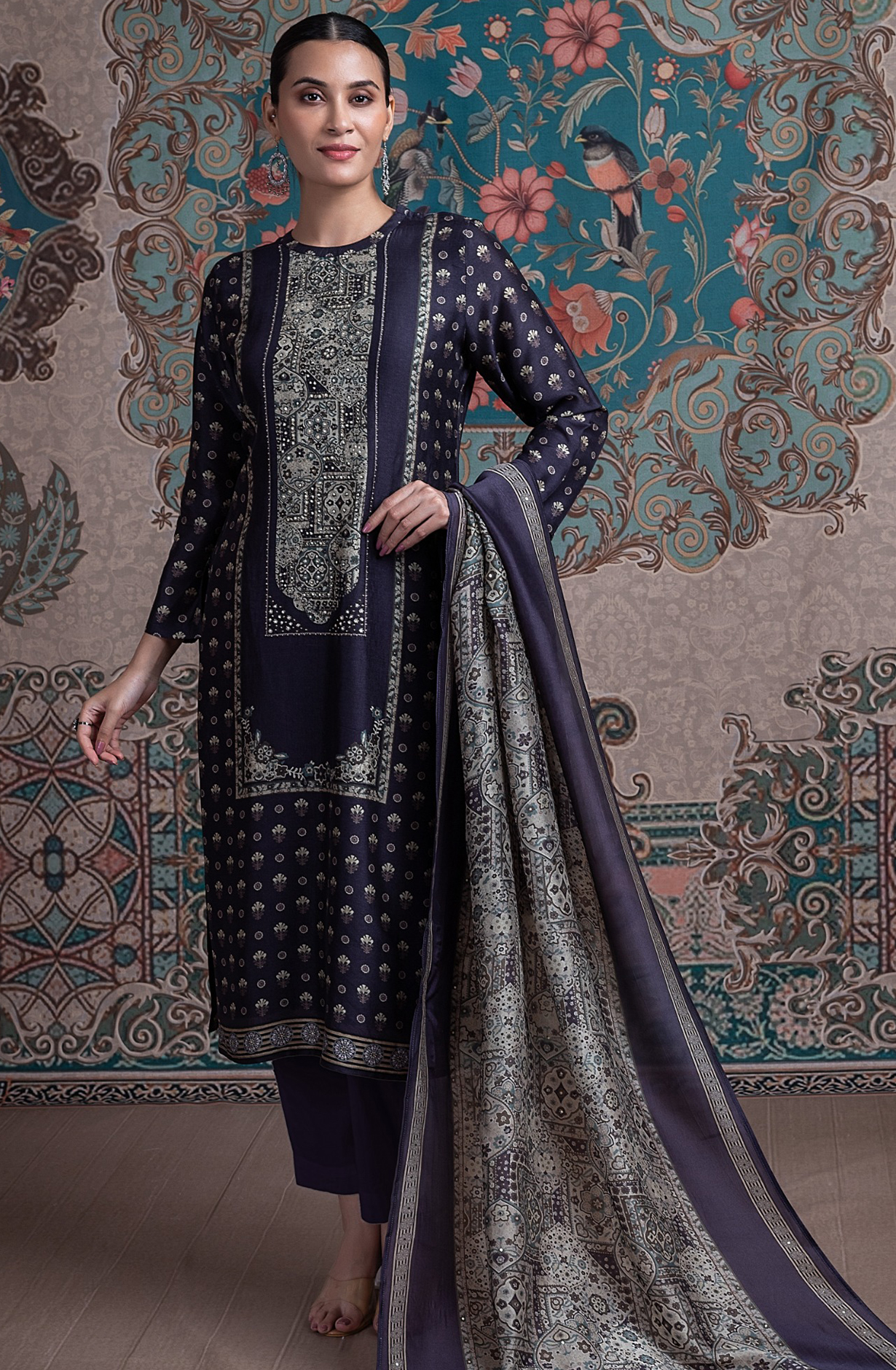 Blue Silk Digital Printed Suit Set with Silk Dupatta - RUHST2022A