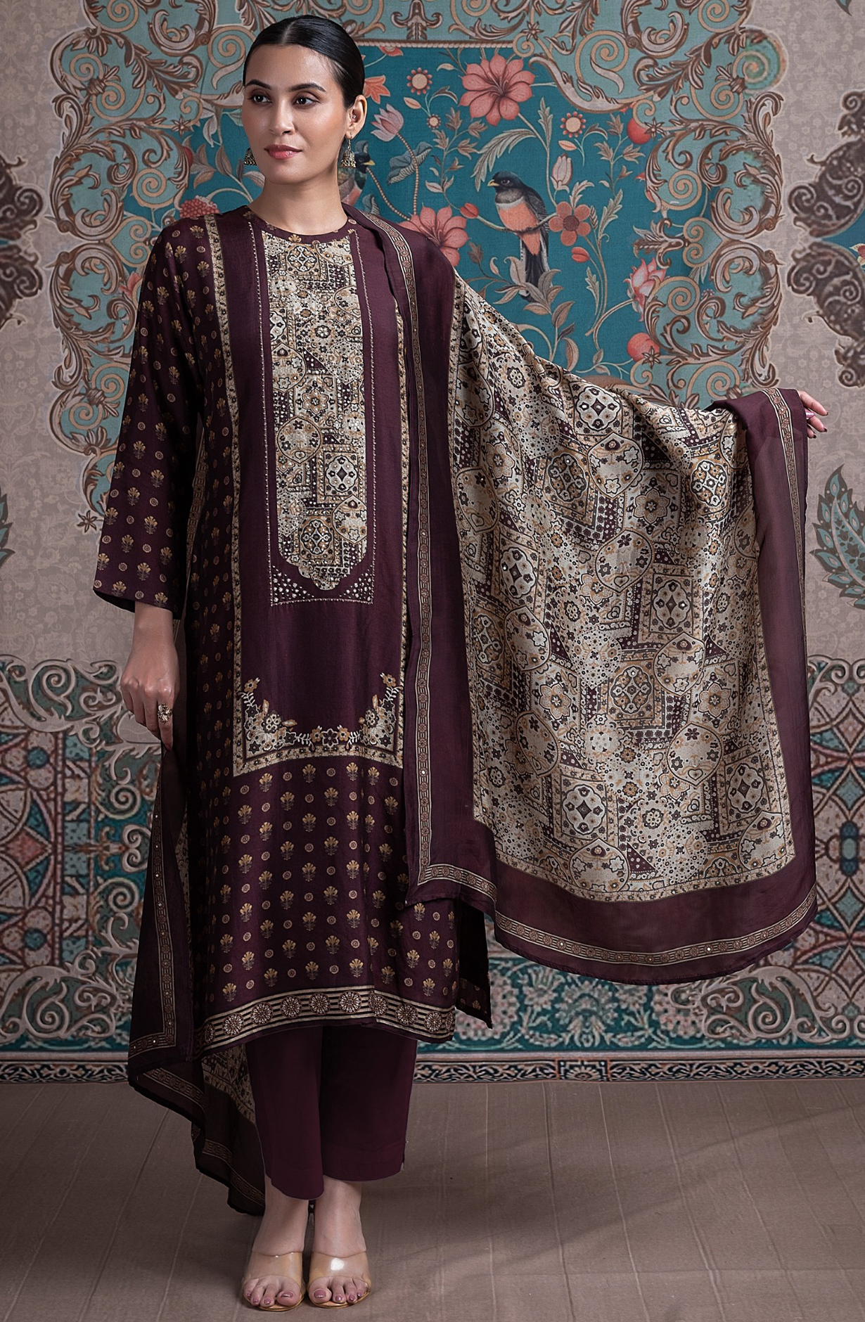 Coffee Silk Digital Printed Suit Set with Silk Dupatta - RUHST2022B