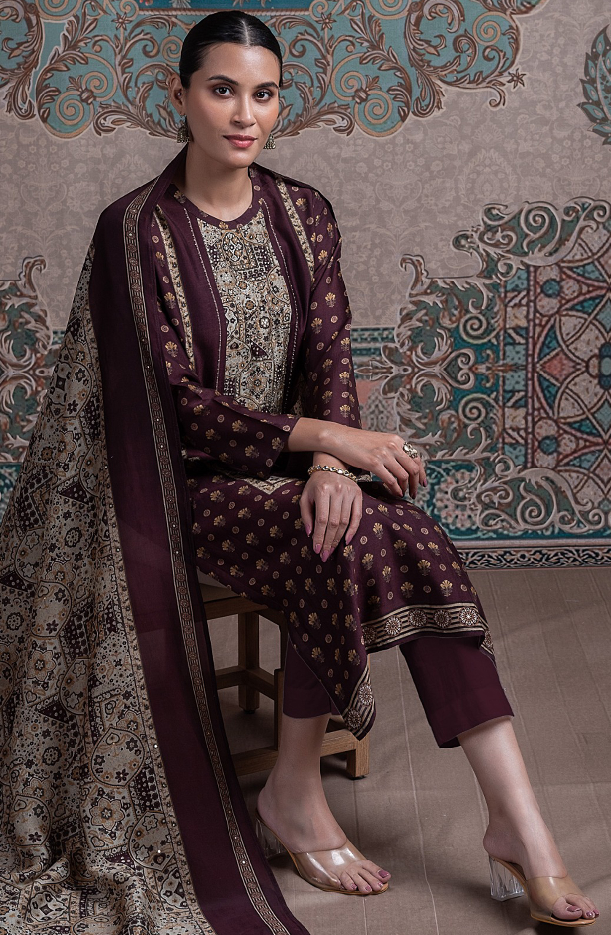 Coffee Silk Digital Printed Suit Set with Silk Dupatta - RUHST2022B