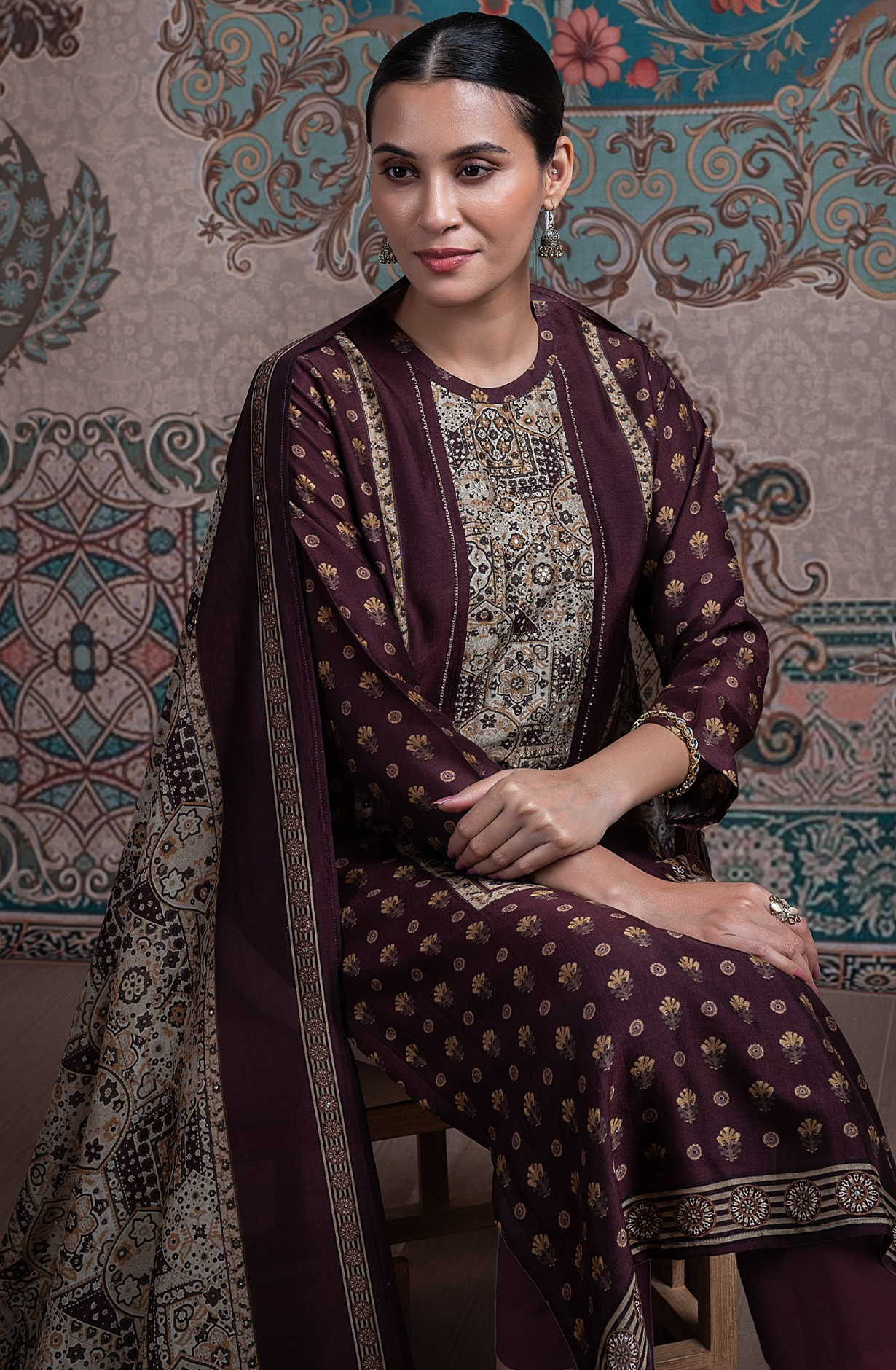 Coffee Silk Digital Printed Suit Set with Silk Dupatta - RUHST2022B