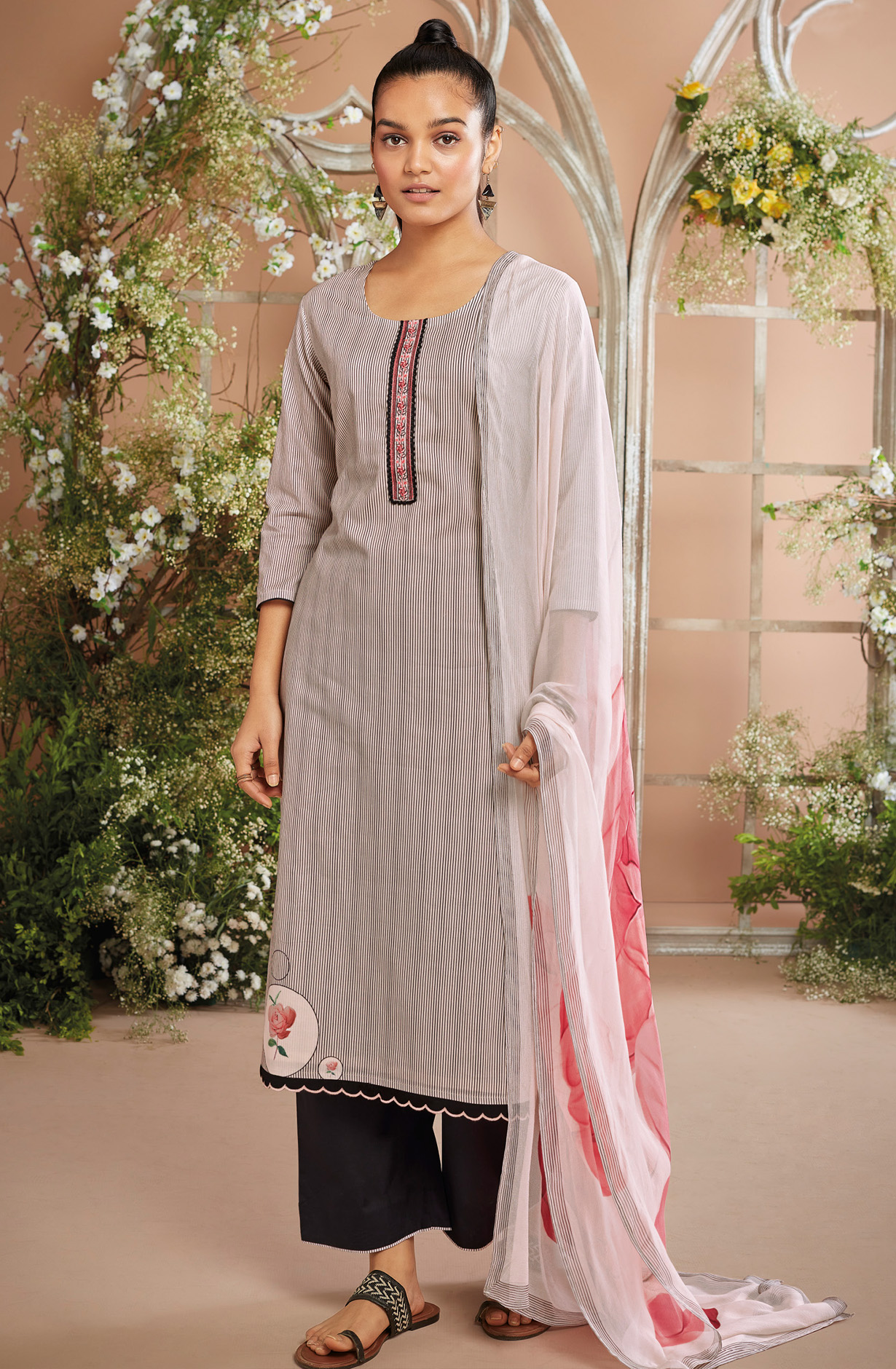 Beige and Black Cotton Printed Salwar Kameez with Chiffon Dupatta - RUNS0928B