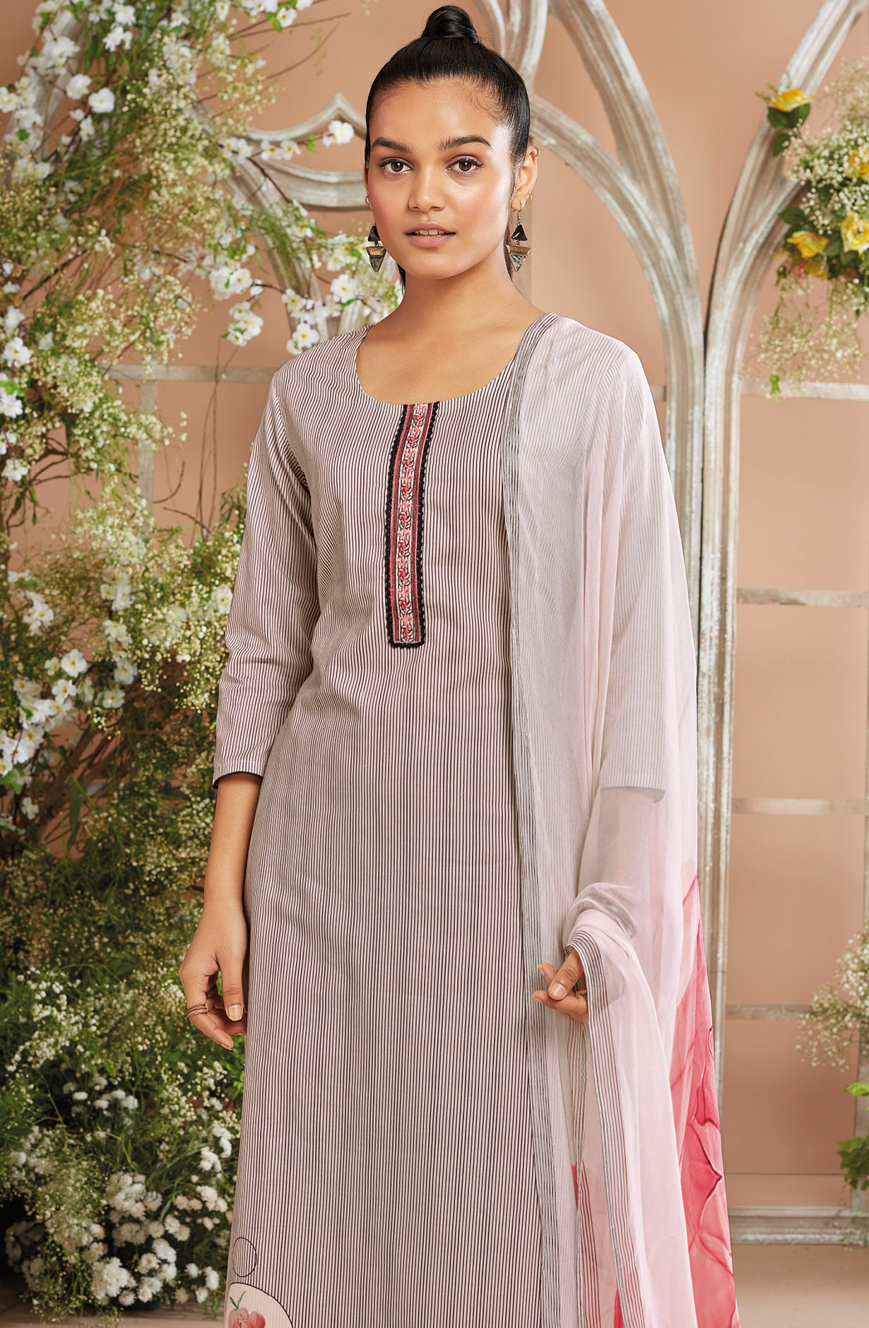 Beige and Black Cotton Printed Salwar Kameez with Chiffon Dupatta - RUNS0928B