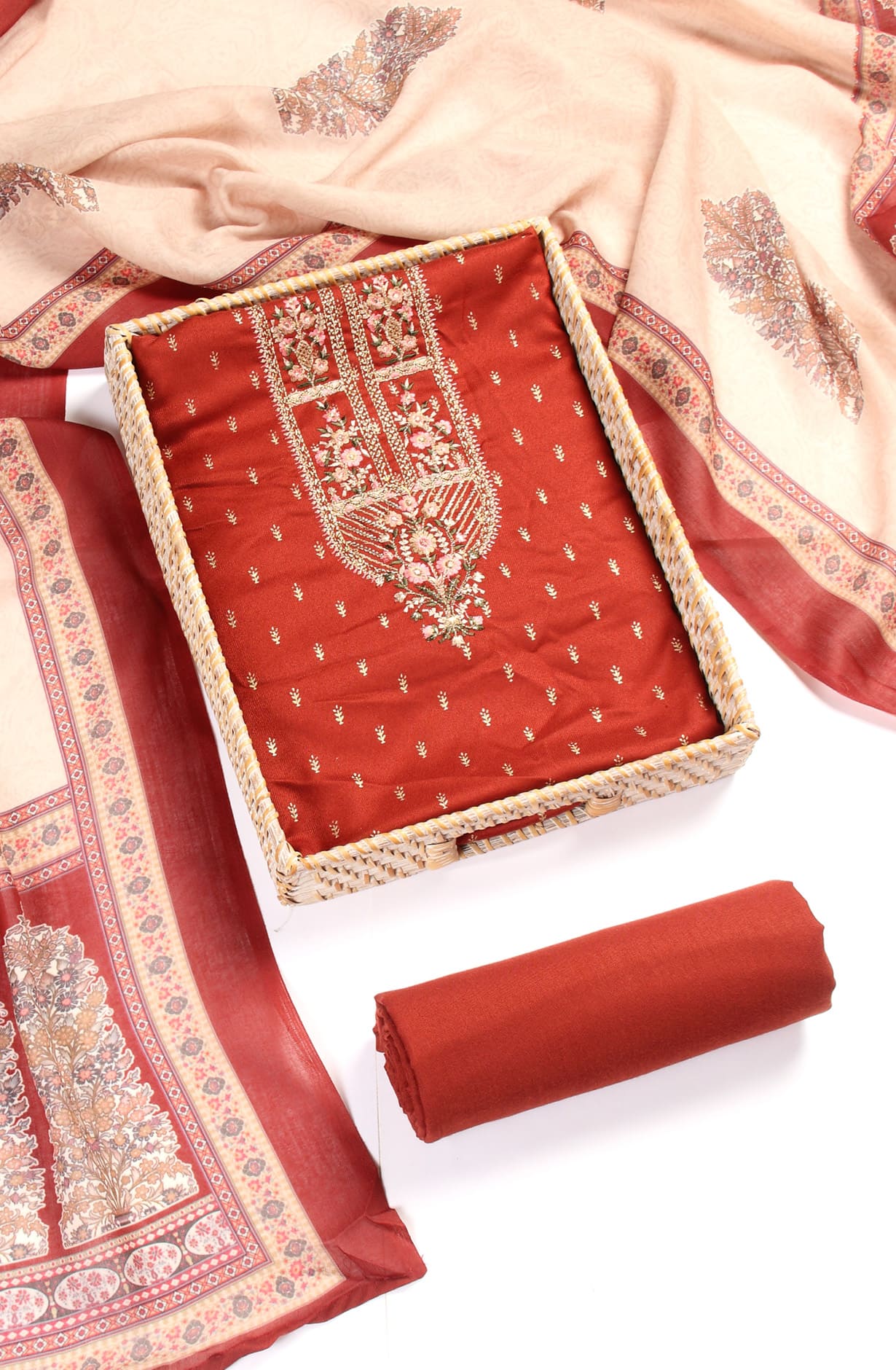 Rust Pashmina Winterwear Unstitched Salwar Kameez - TAH305