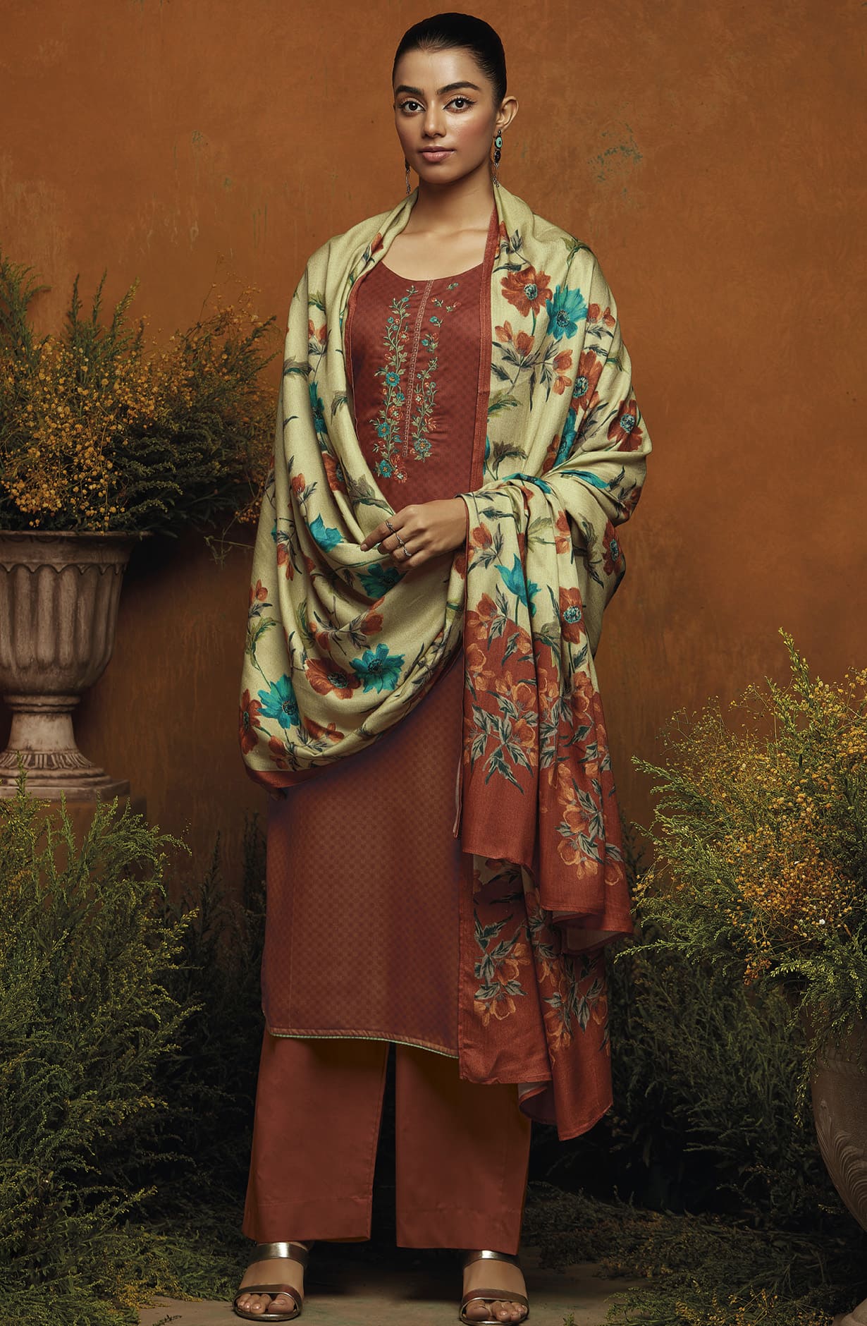 Rust Spun Winterwear Printed Unstitched Salwar Kameez - ARSS1167A