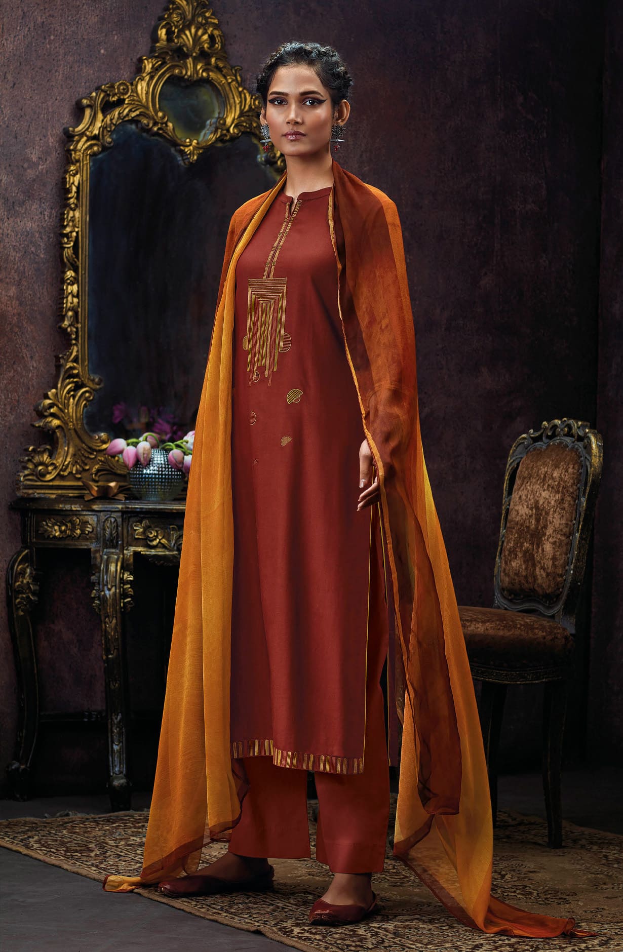 Rust Spun Winterwear Unstitched Salwar Suit-set with Chiffon Dupatta - VIPC1306