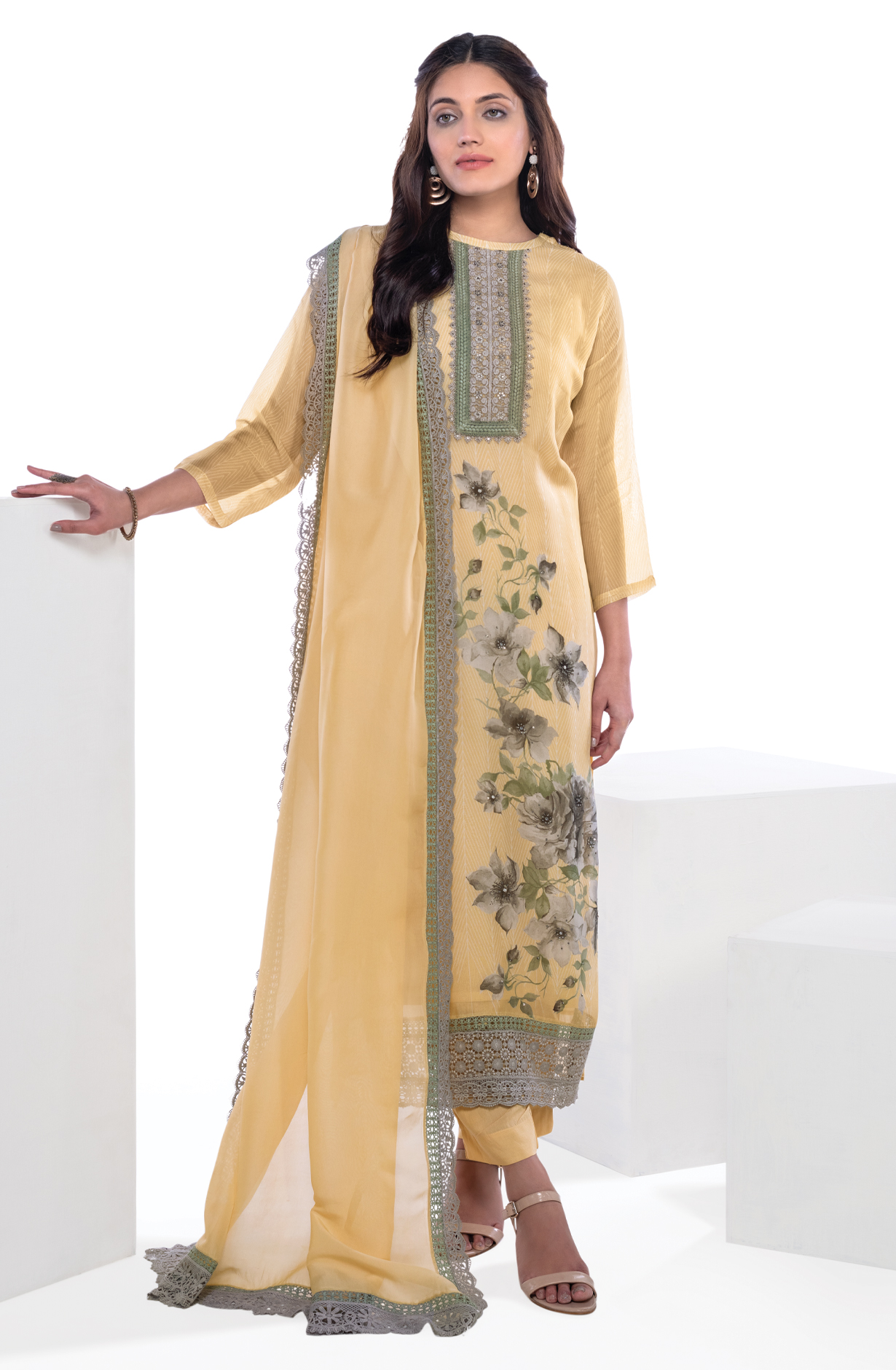 Yellow Beautiful Organza Digital Printed with Lace Work Suit Sets - RUT1001