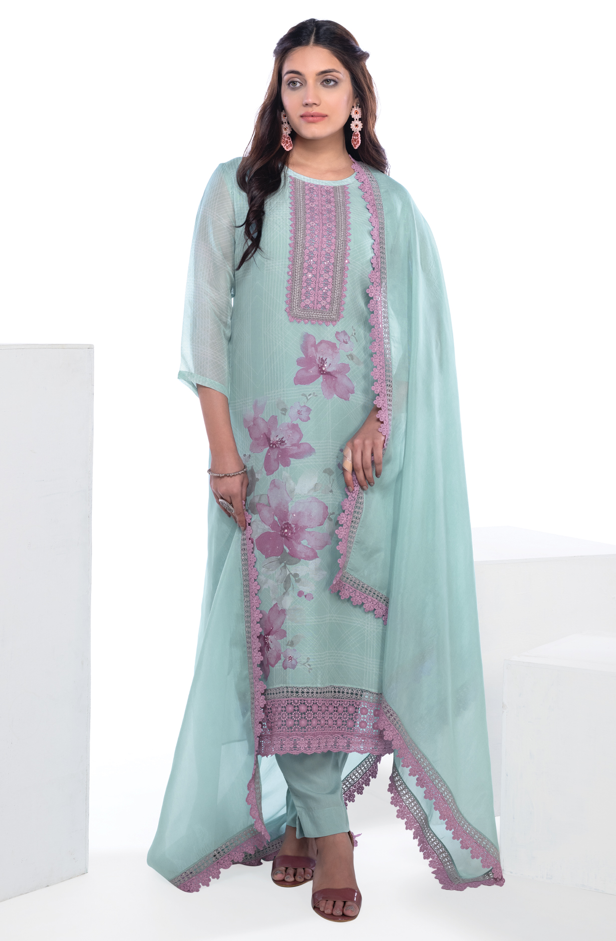 Sea Green Beautiful Organza Digital Printed with Lace Work Suit Sets - RUT1002