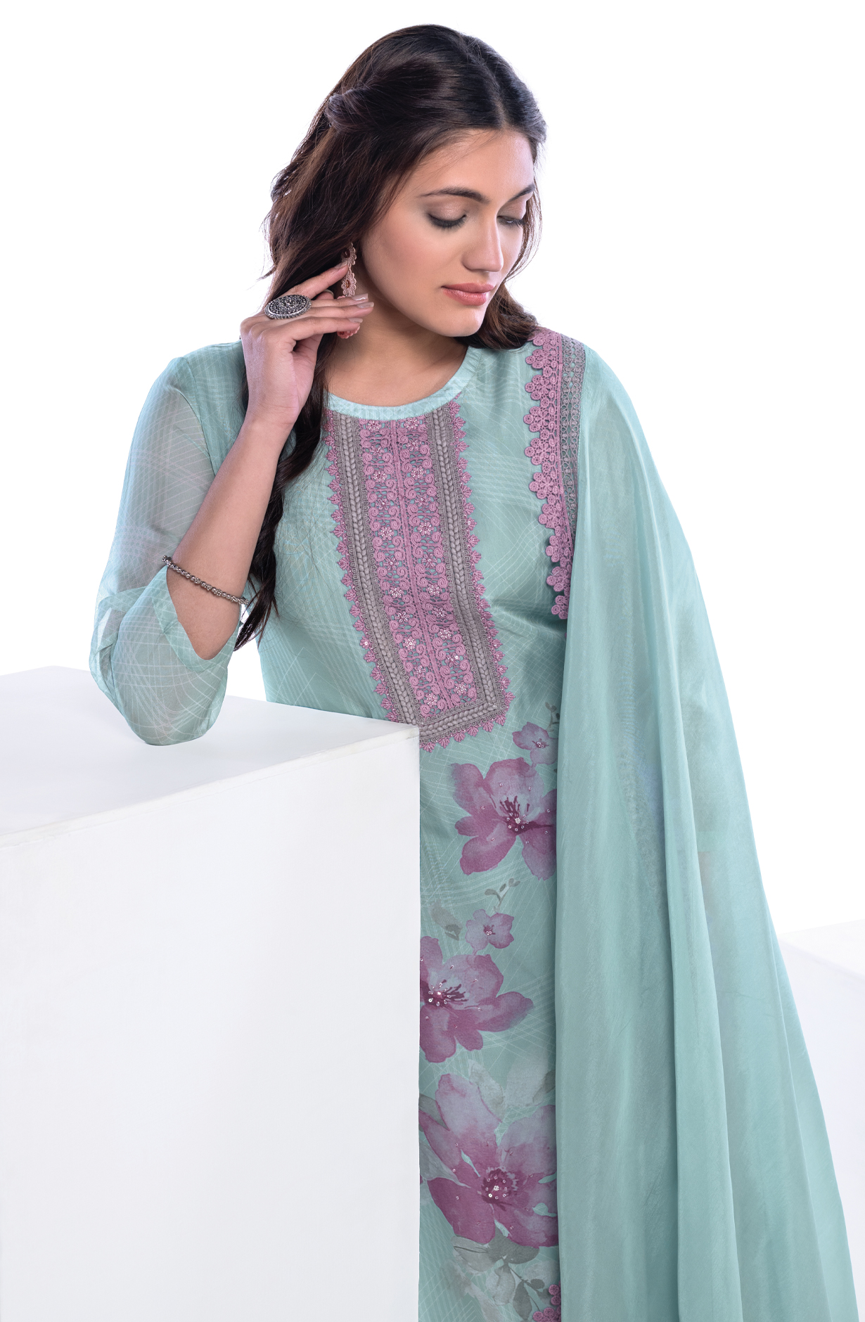 Sea Green Beautiful Organza Digital Printed with Lace Work Suit Sets - RUT1002