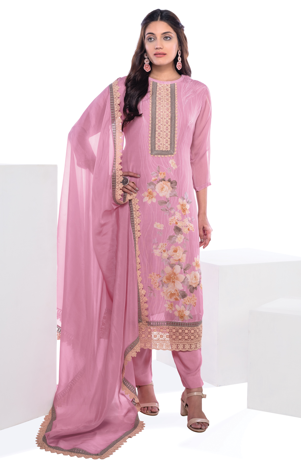 Pink Beautiful Organza Digital Printed with Lace Work Suit Sets - RUT1003