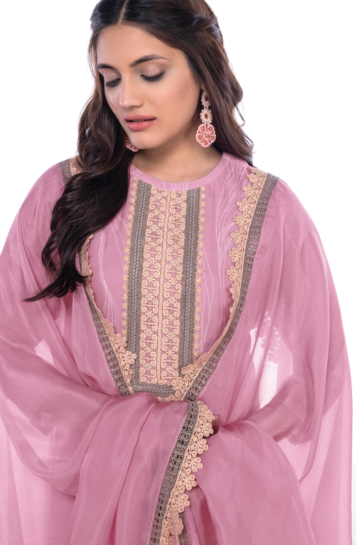 Pink Beautiful Organza Digital Printed with Lace Work Suit Sets - RUT1003