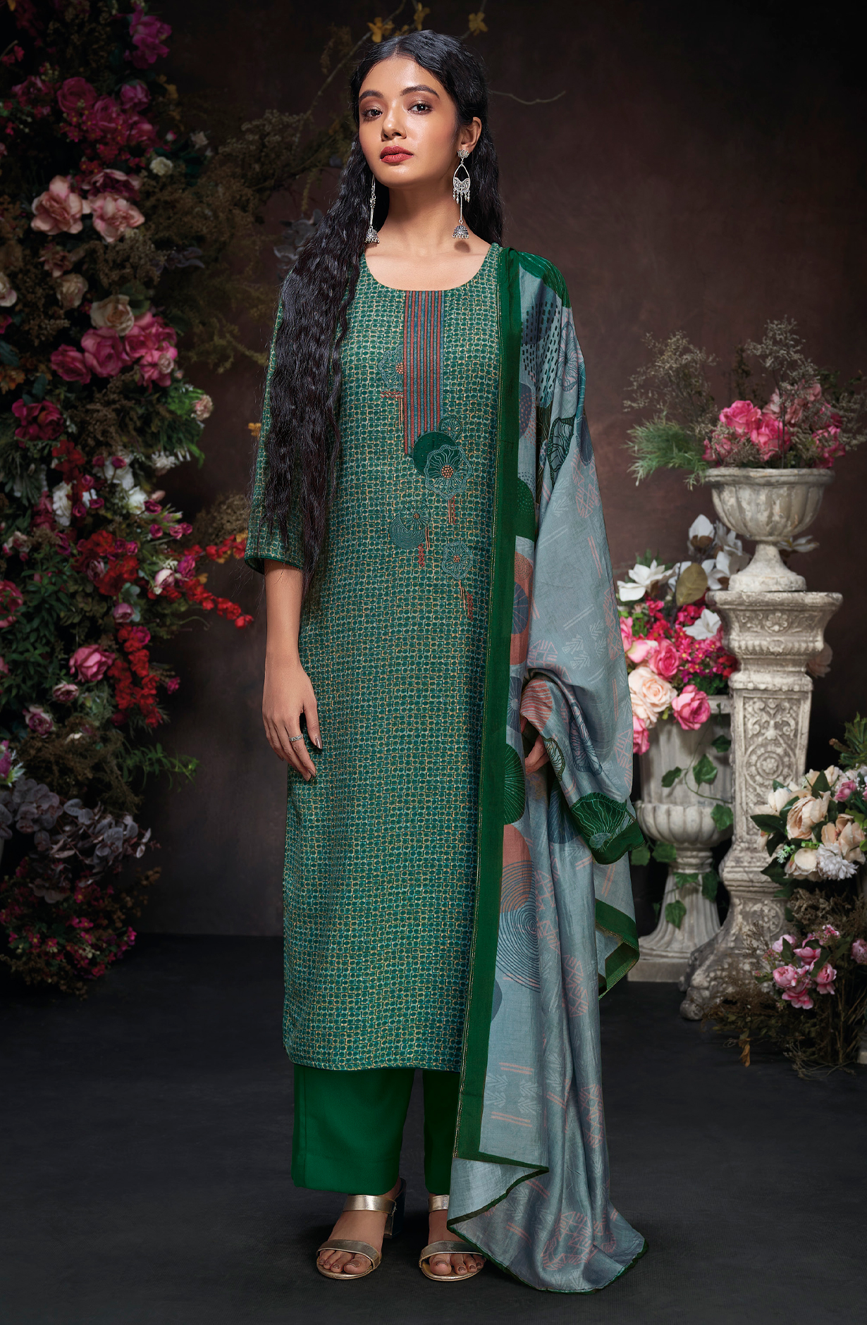 Bottle Green Pashmina Winter Unstitched Salwar Kameez - RYAS2016C