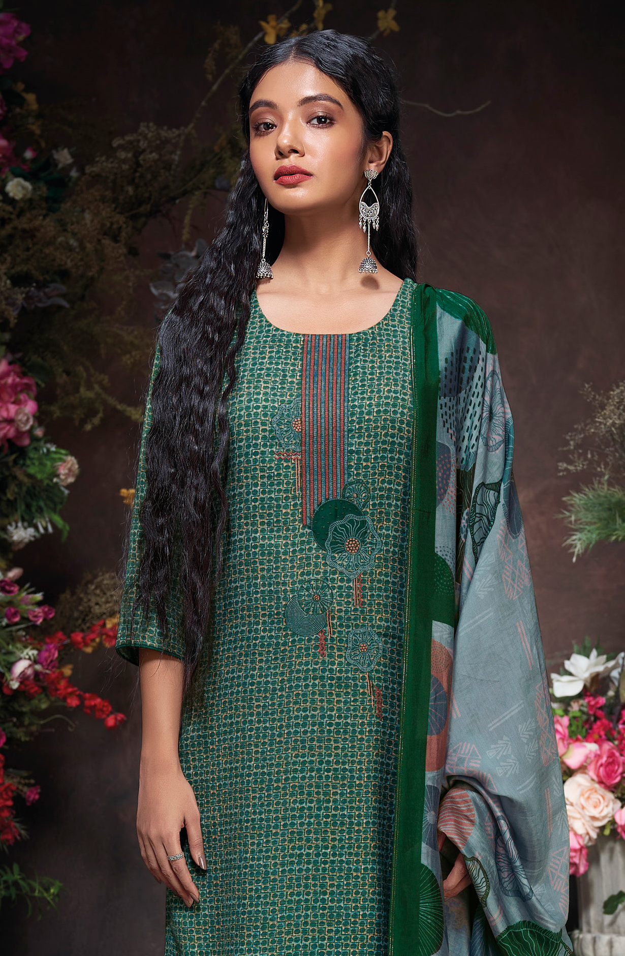 Bottle Green Pashmina Winter Unstitched Salwar Kameez - RYAS2016C