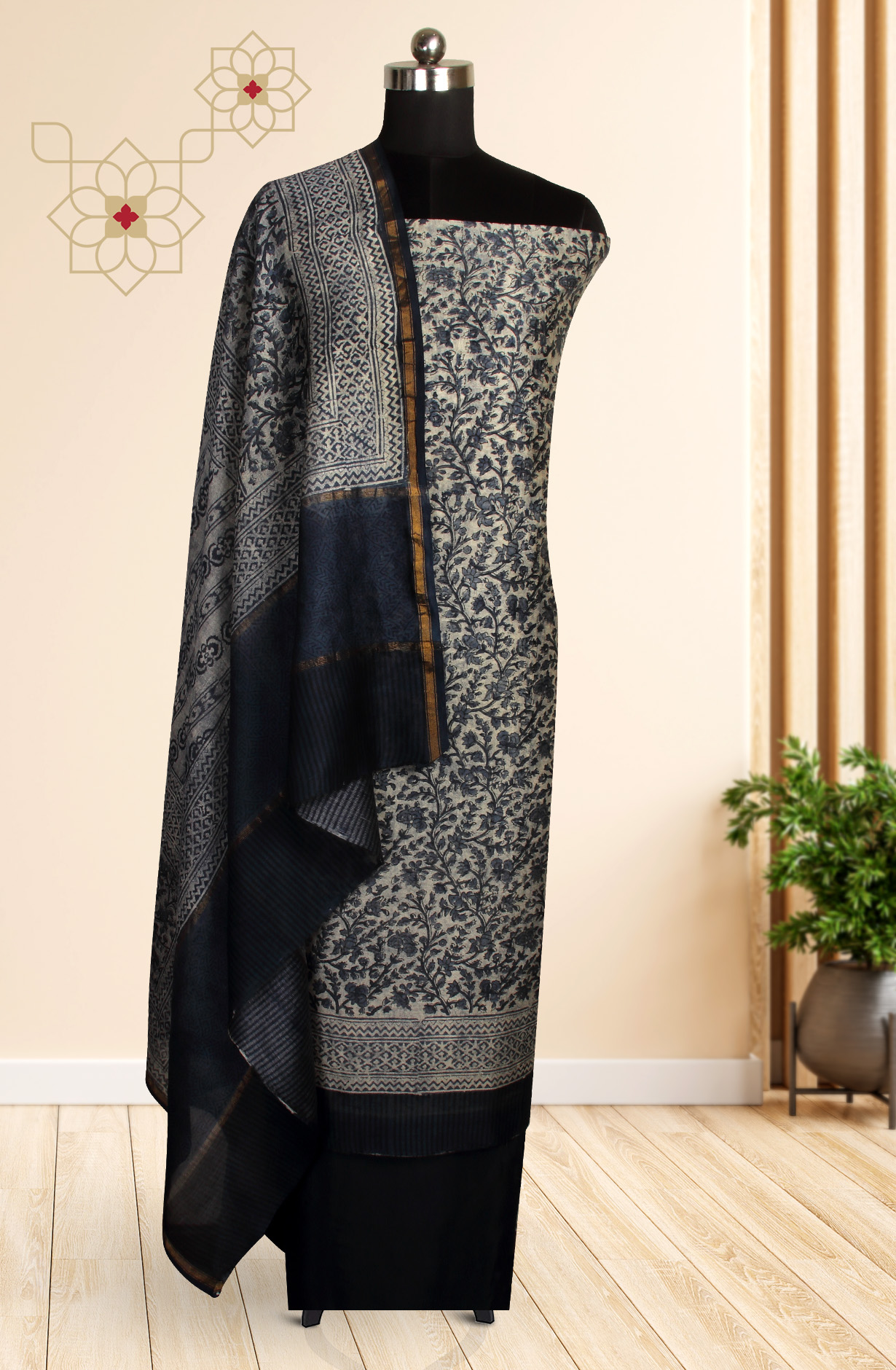 Grey and Blue Chanderi Unstitched Salwar Kameez - S151445-1394A