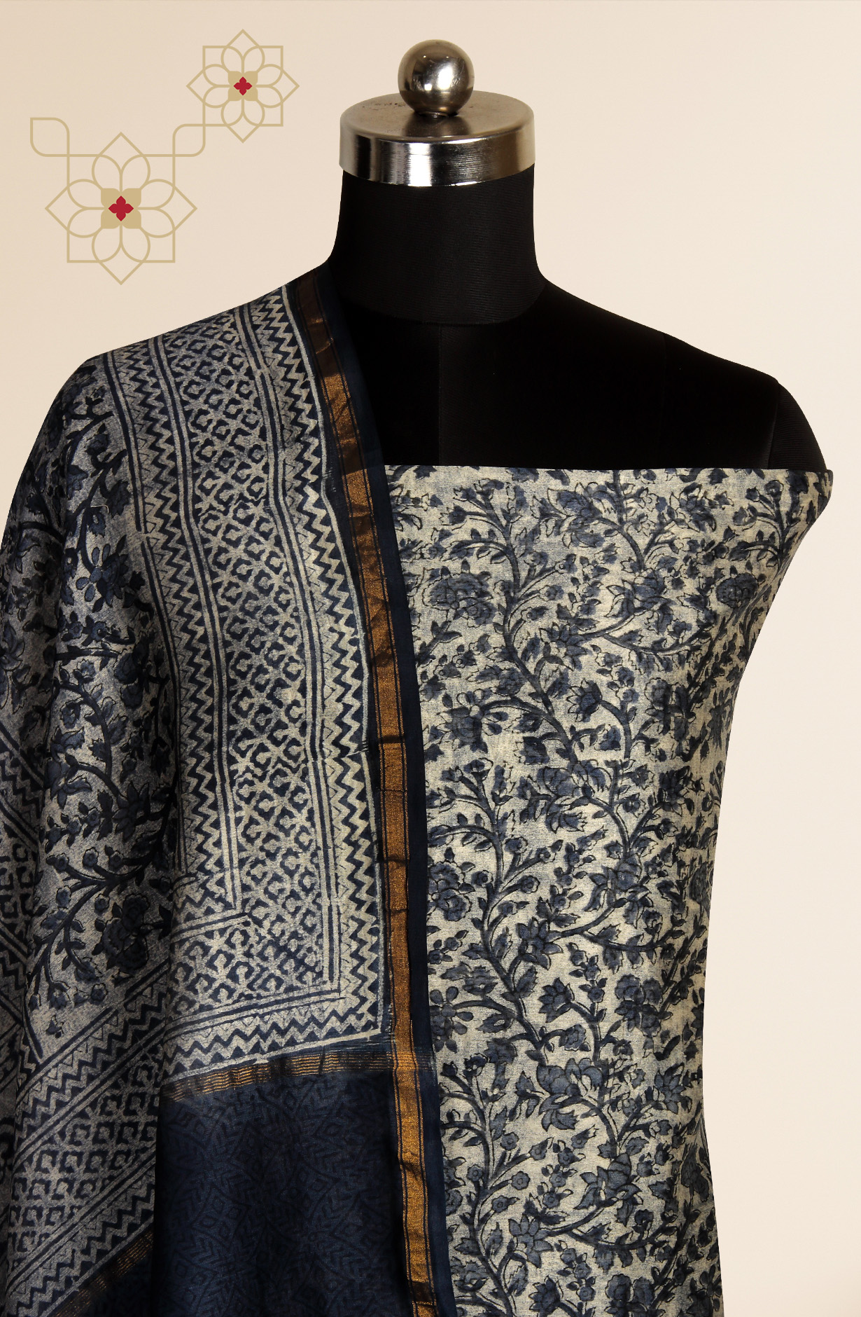 Grey and Blue Chanderi Unstitched Salwar Kameez - S151445-1394A