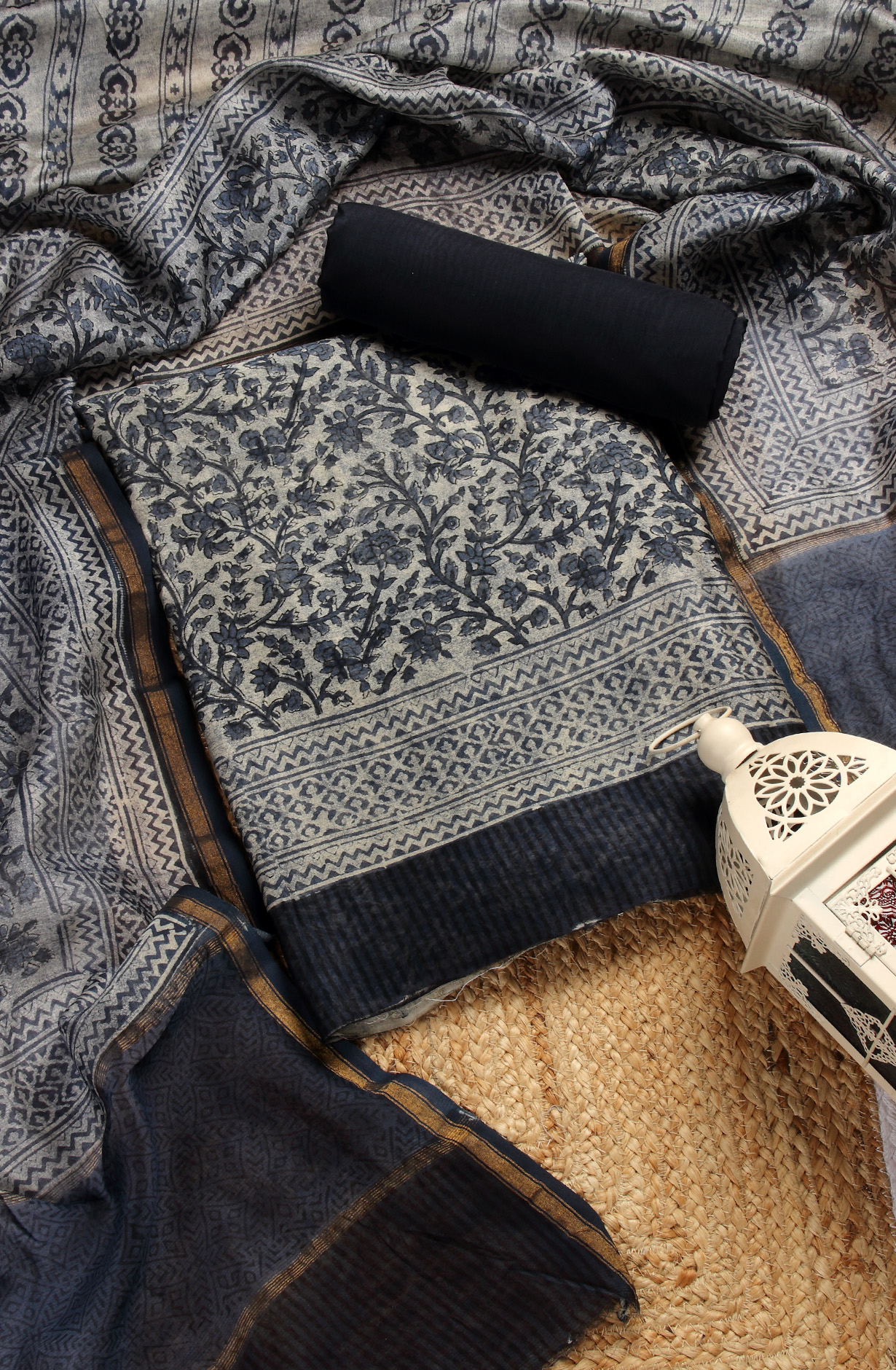 Grey and Blue Chanderi Unstitched Salwar Kameez - S151445-1394A