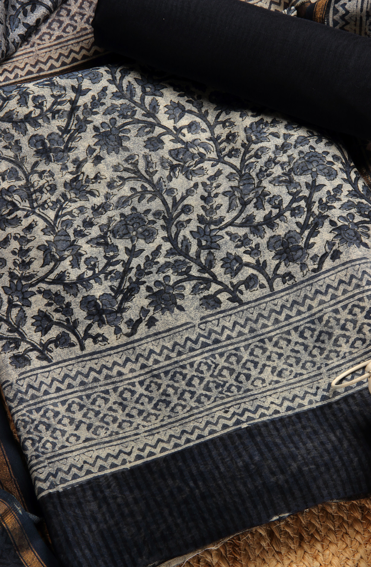 Grey and Blue Chanderi Unstitched Salwar Kameez - S151445-1394A