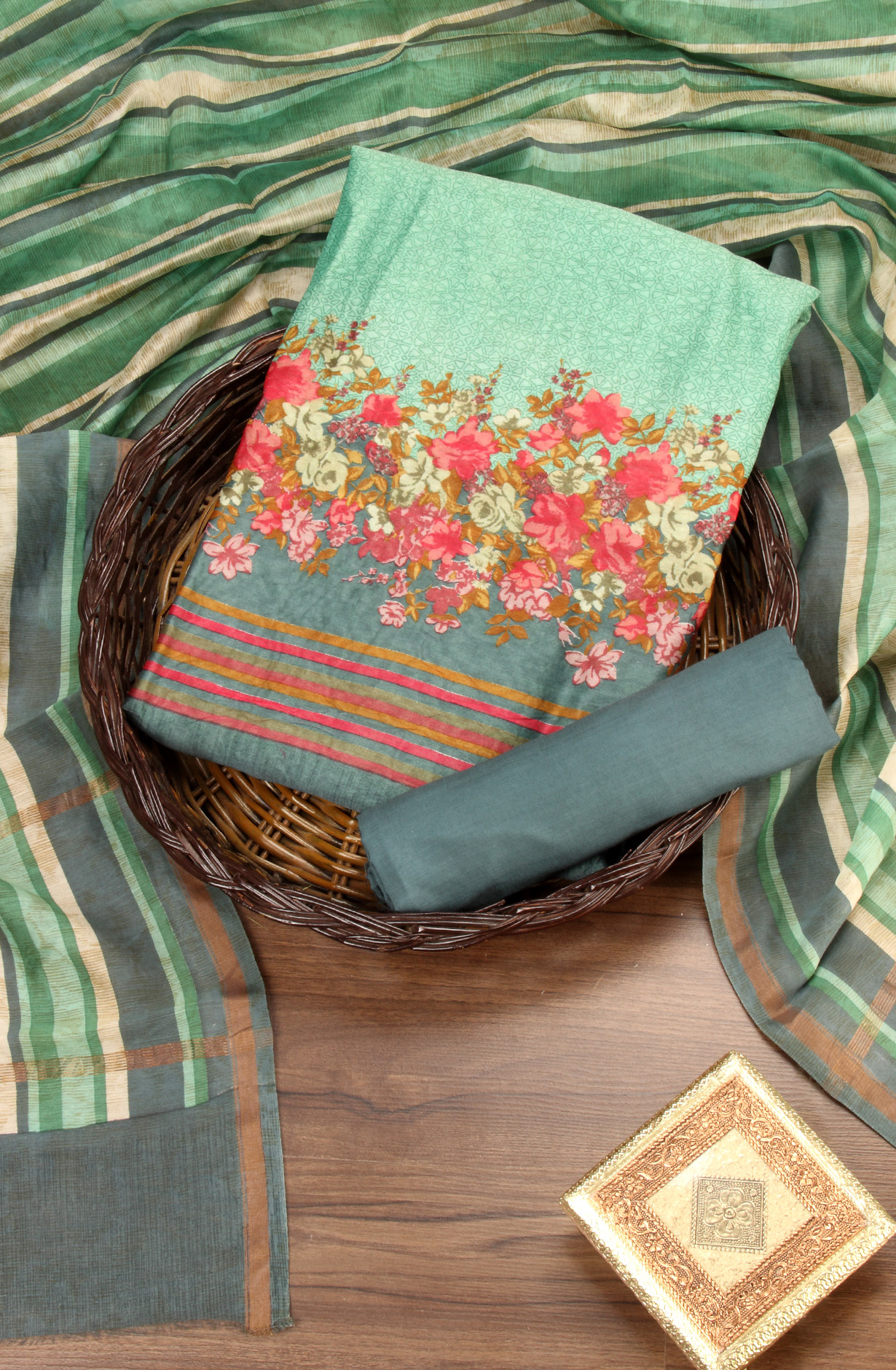 Green Beautiful Hand Block Printed Chanderi Salwar Suit - S151445-1413