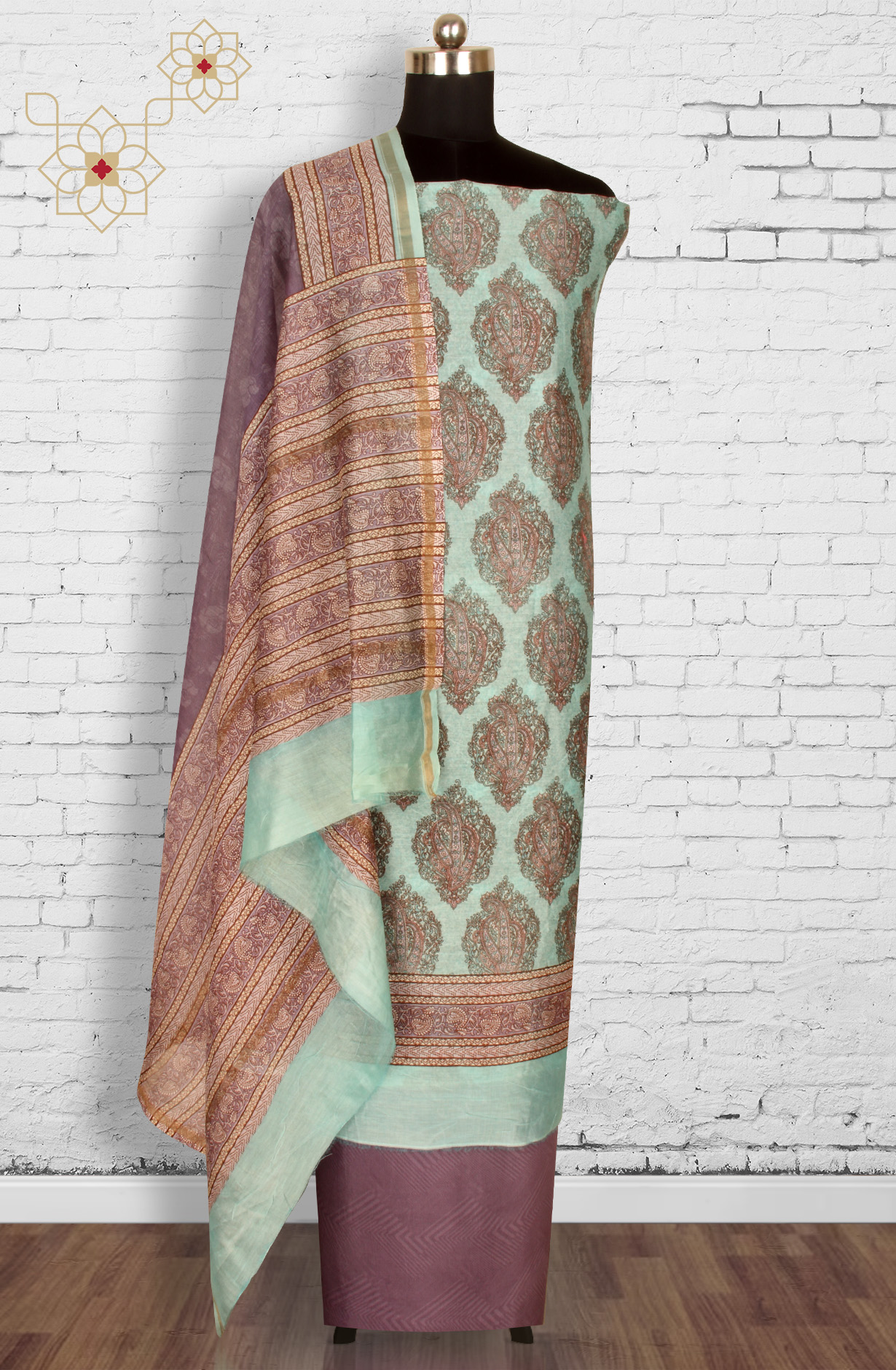 Sea Green and Purple Beautiful Hand Block Printed Chanderi Salwar Suit - S151445-1419A