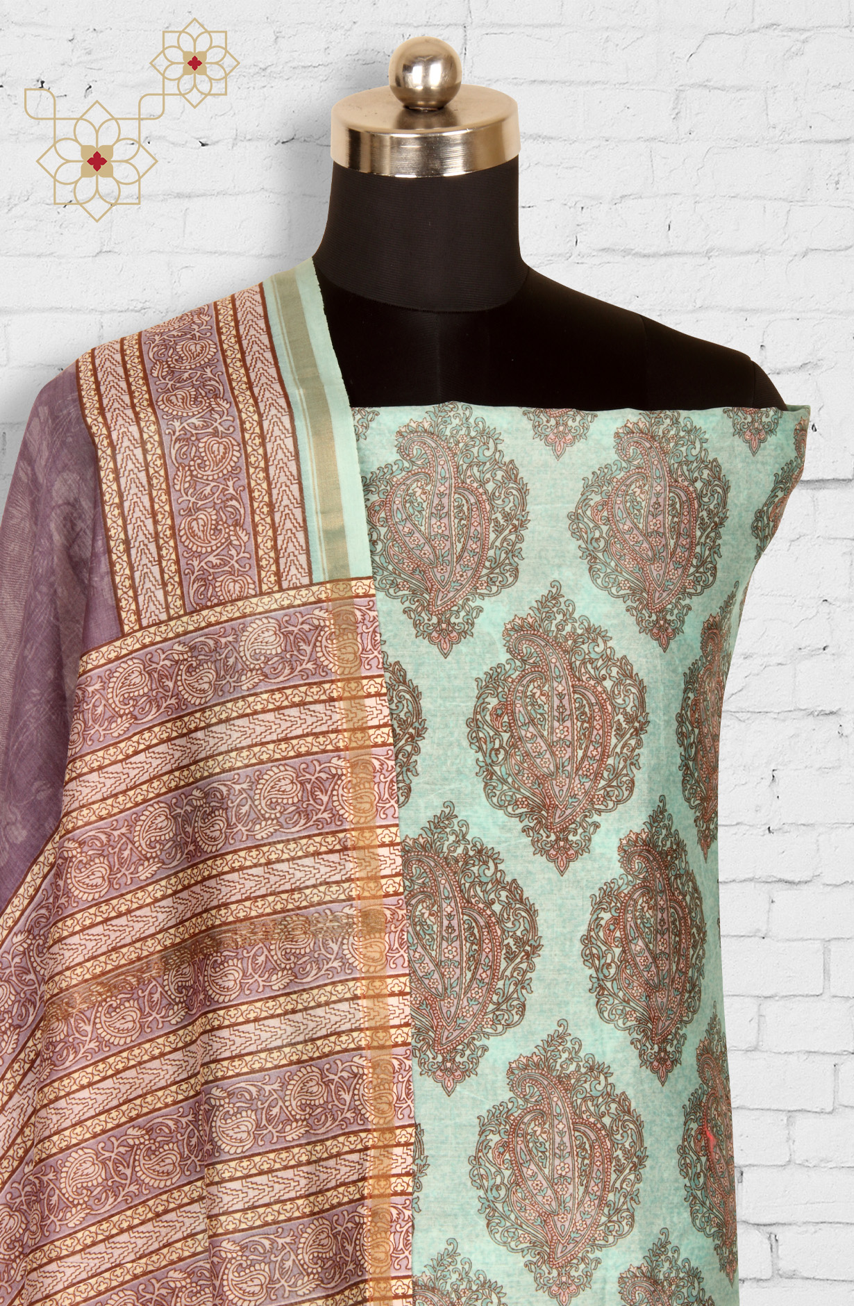 Sea Green and Purple Beautiful Hand Block Printed Chanderi Salwar Suit - S151445-1419A