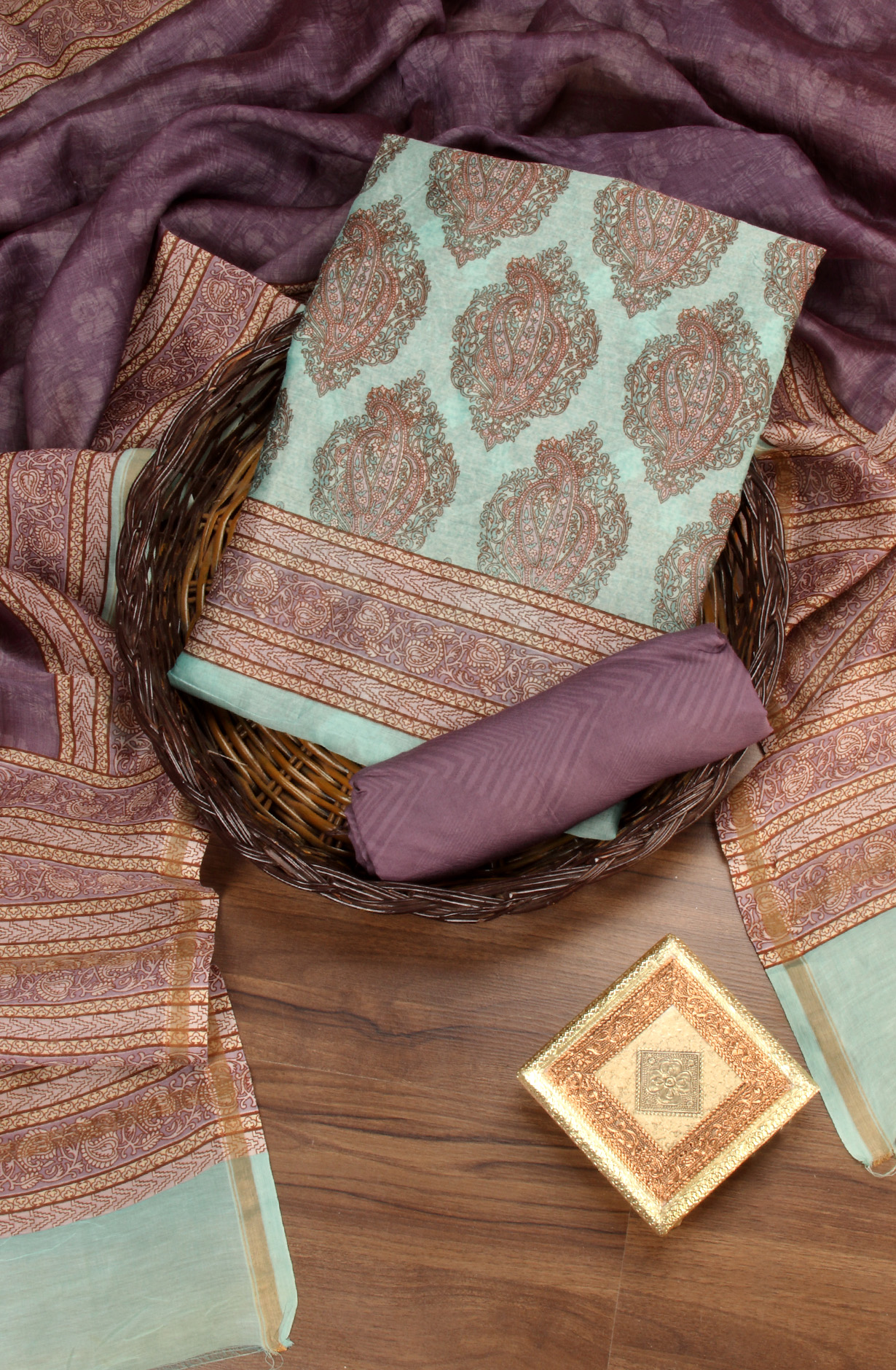 Sea Green and Purple Beautiful Hand Block Printed Chanderi Salwar Suit - S151445-1419A