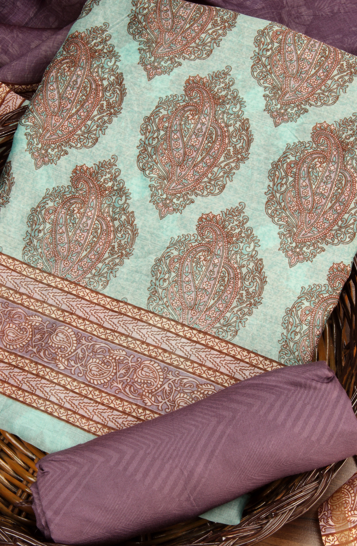 Sea Green and Purple Beautiful Hand Block Printed Chanderi Salwar Suit - S151445-1419A