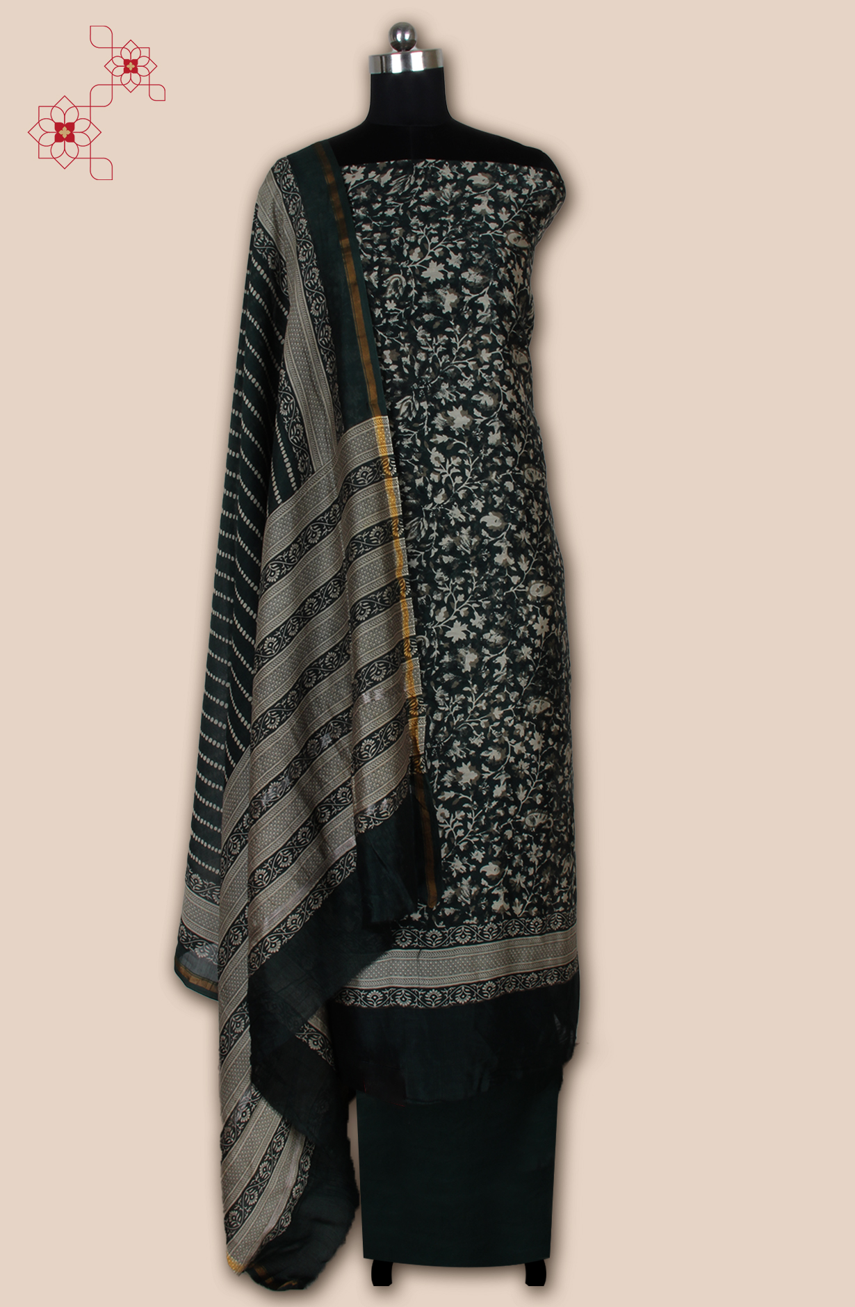 Bottle Green Chanderi Digital Printed Unstitched Salwar Suit - S151445-1496A