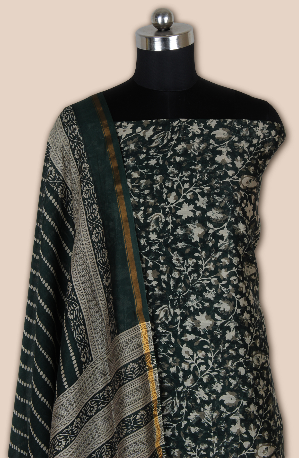 Bottle Green Chanderi Digital Printed Unstitched Salwar Suit - S151445-1496A