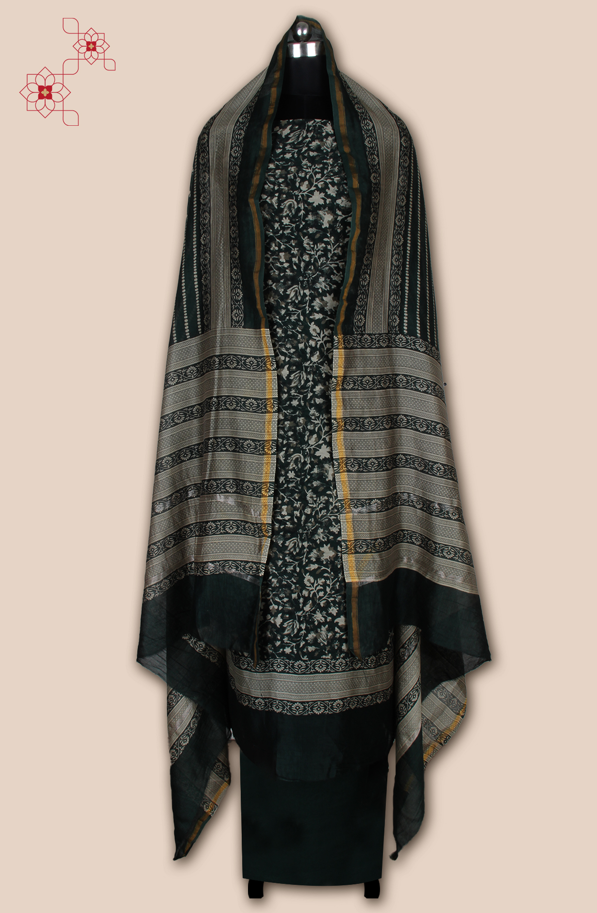 Bottle Green Chanderi Digital Printed Unstitched Salwar Suit - S151445-1496A