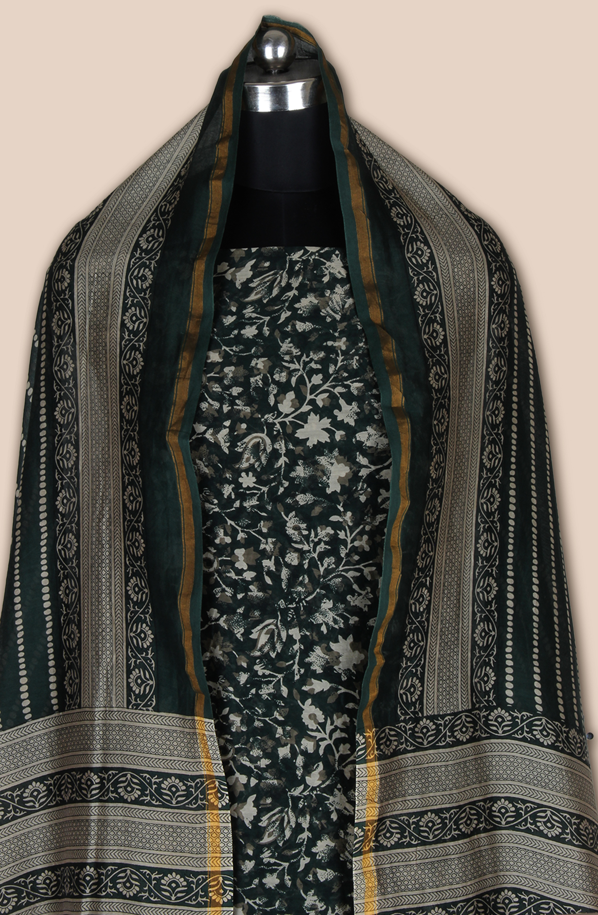 Bottle Green Chanderi Digital Printed Unstitched Salwar Suit - S151445-1496A