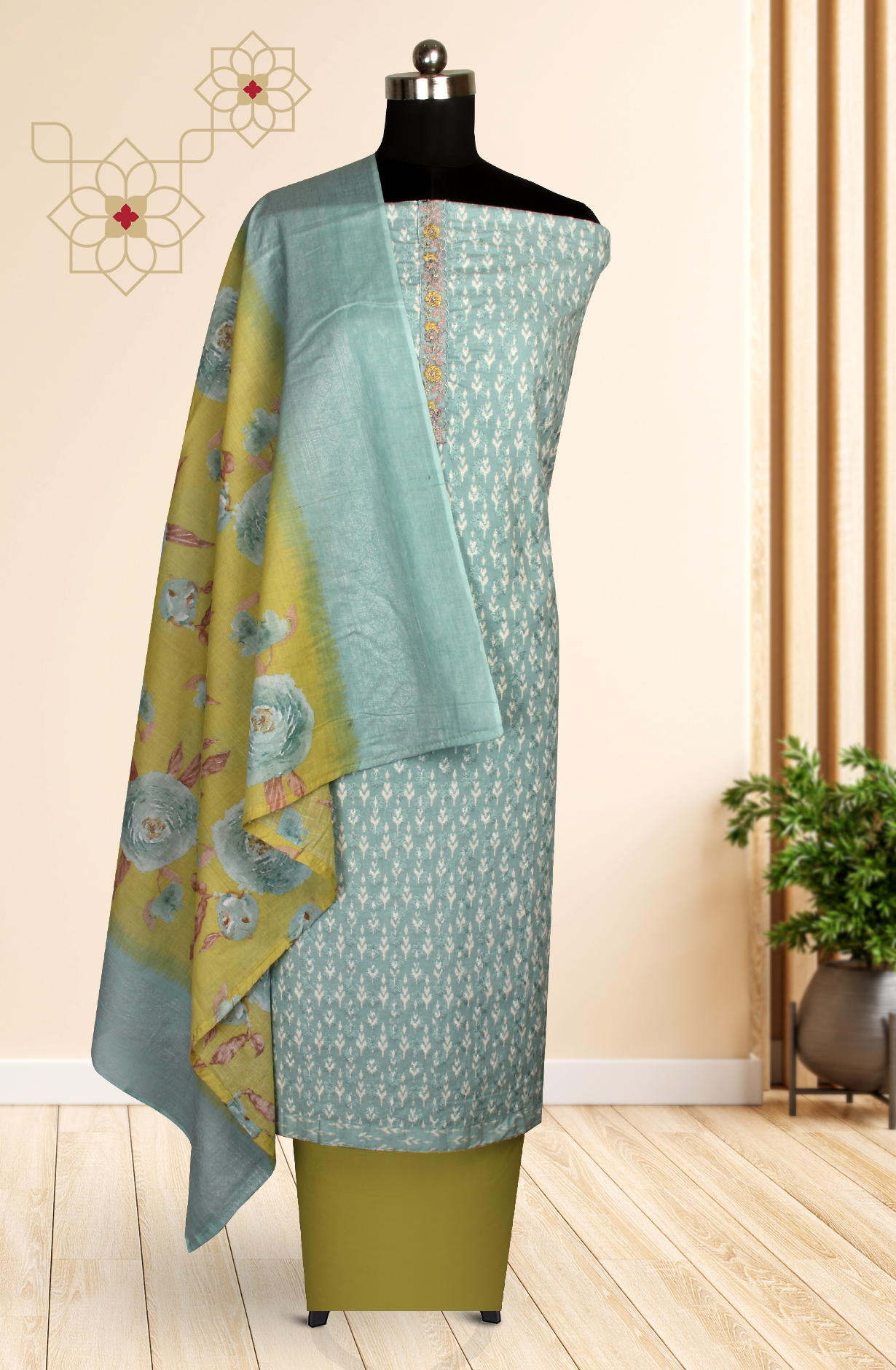 Pastel Green Cotton Printed Unstitched Salwar Suit - S23RSAN4384C
