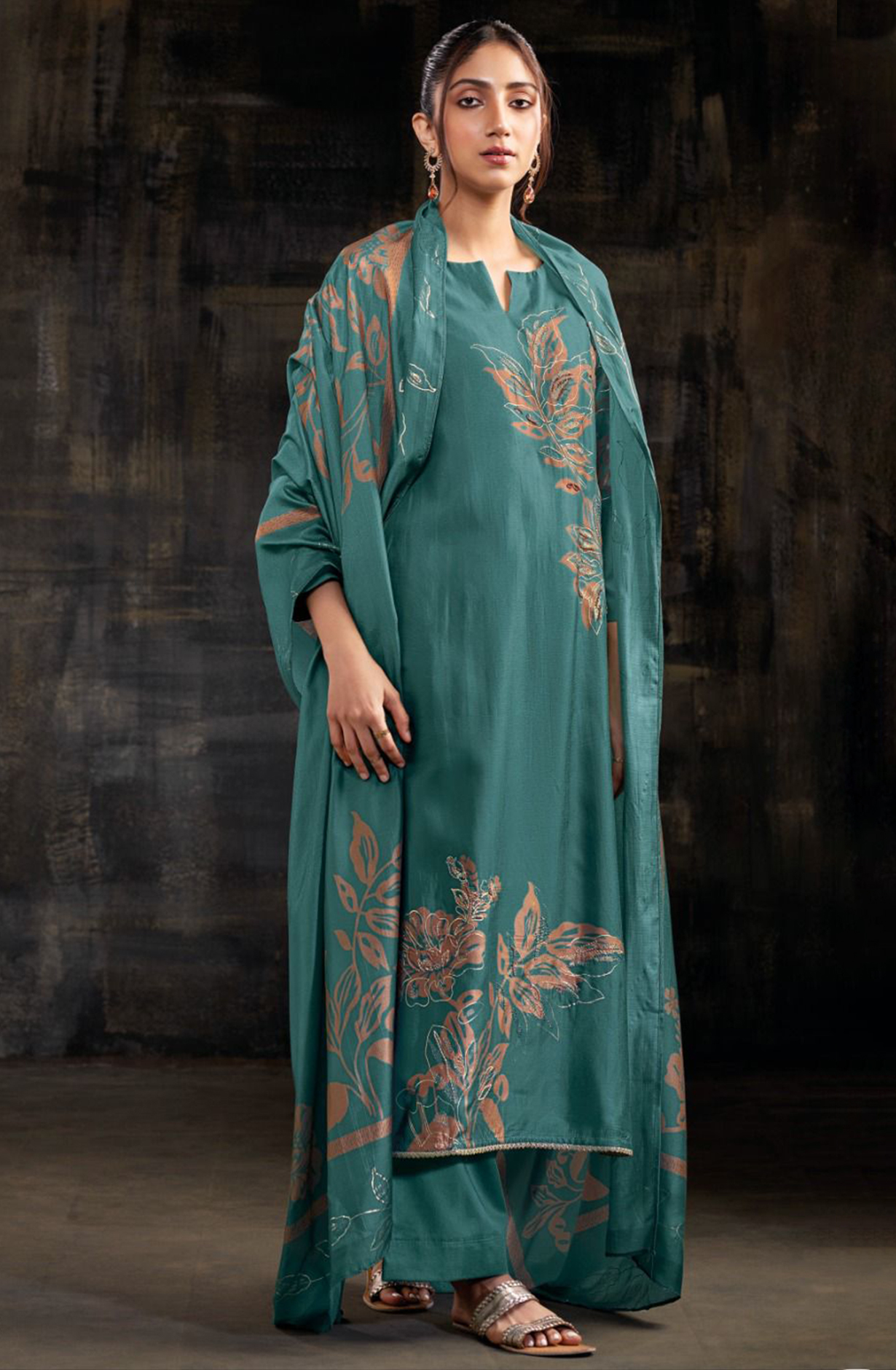 Firozi Printed Pure Russian Silk Suit Set - AMAS2927B