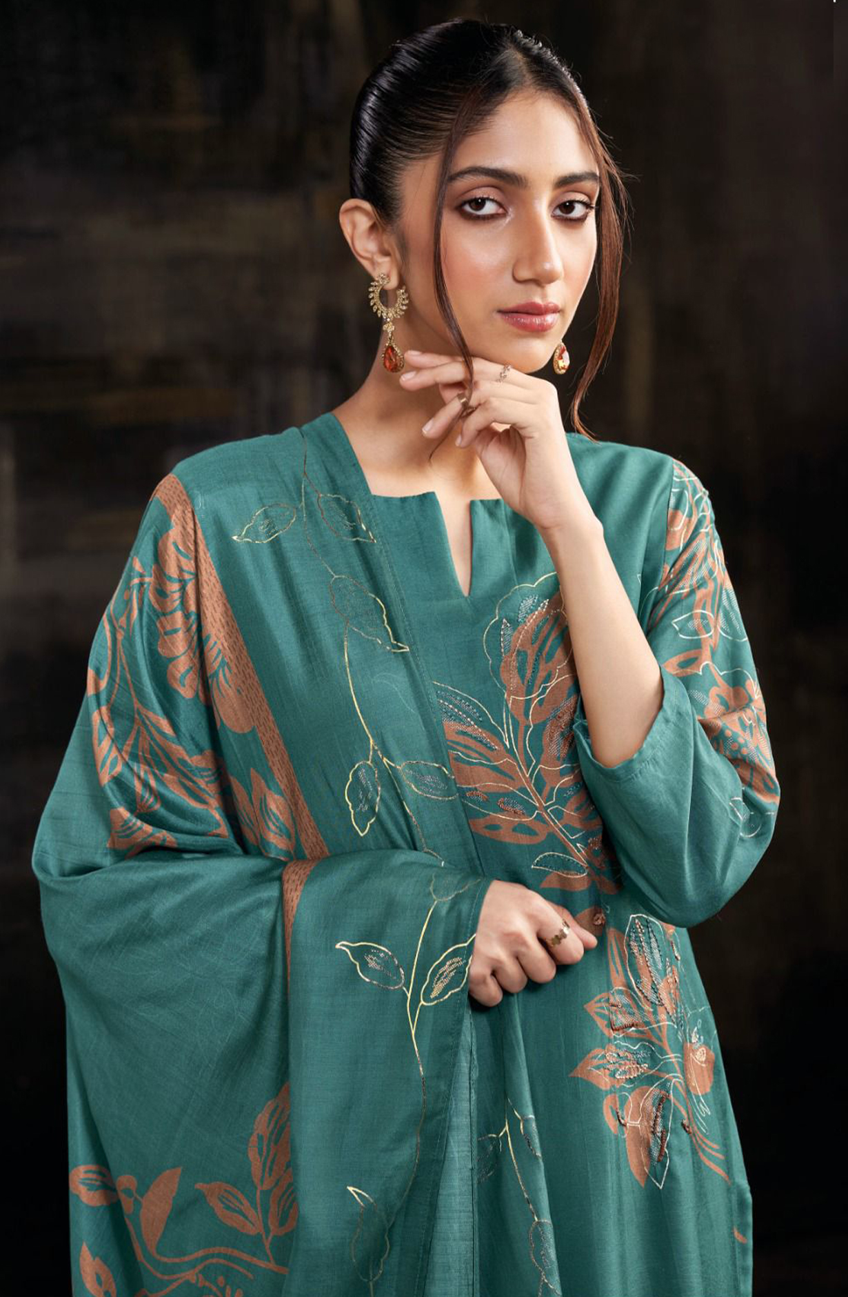 Firozi Printed Pure Russian Silk Suit Set - AMAS2927B