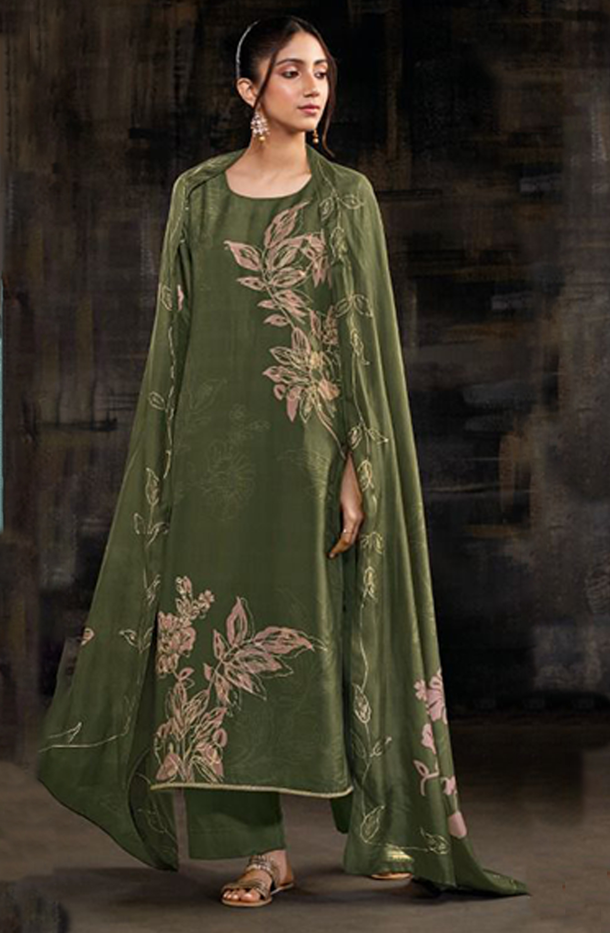 Mehndi Green Printed Pure Russian Silk Suit Set - AMAS2927C