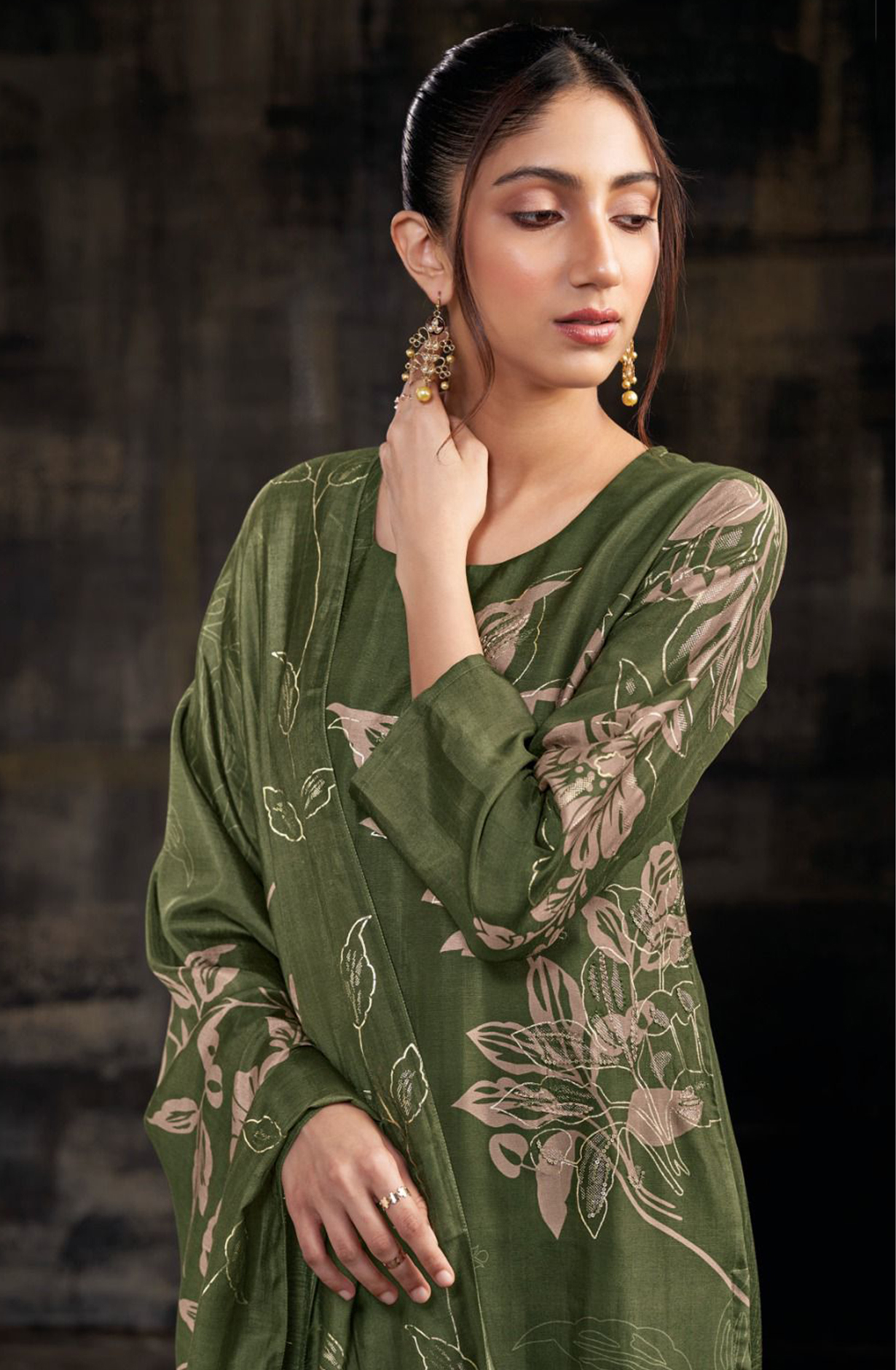 Mehndi Green Printed Pure Russian Silk Suit Set - AMAS2927C